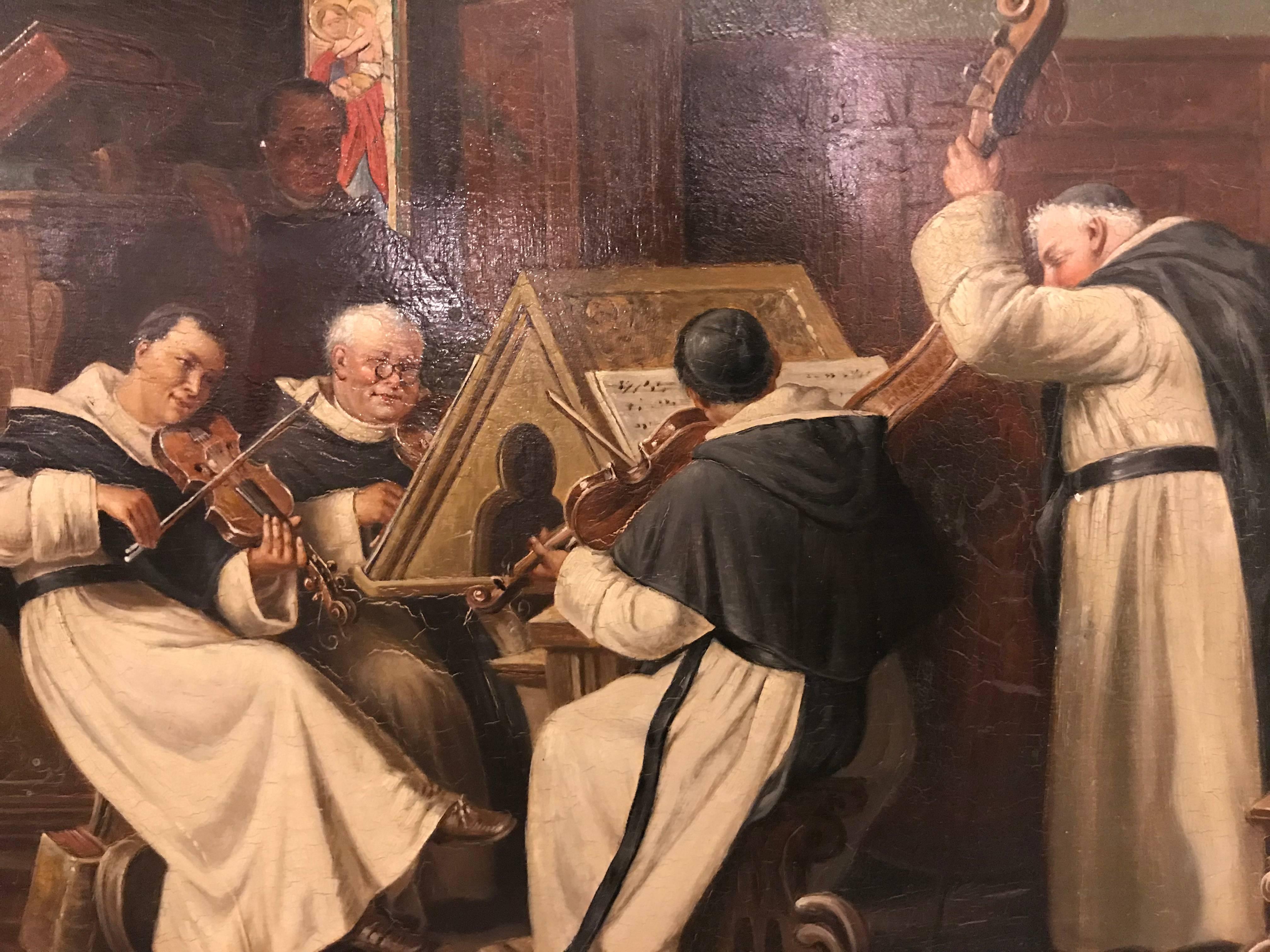 A late 19th-early 20th century oil painting of a group of monks on board. Wonderfully detained. 
Measurement without frame: 12 in H 16.75 in W
Measurement with frame: 17 in H 21.25 in W.

 