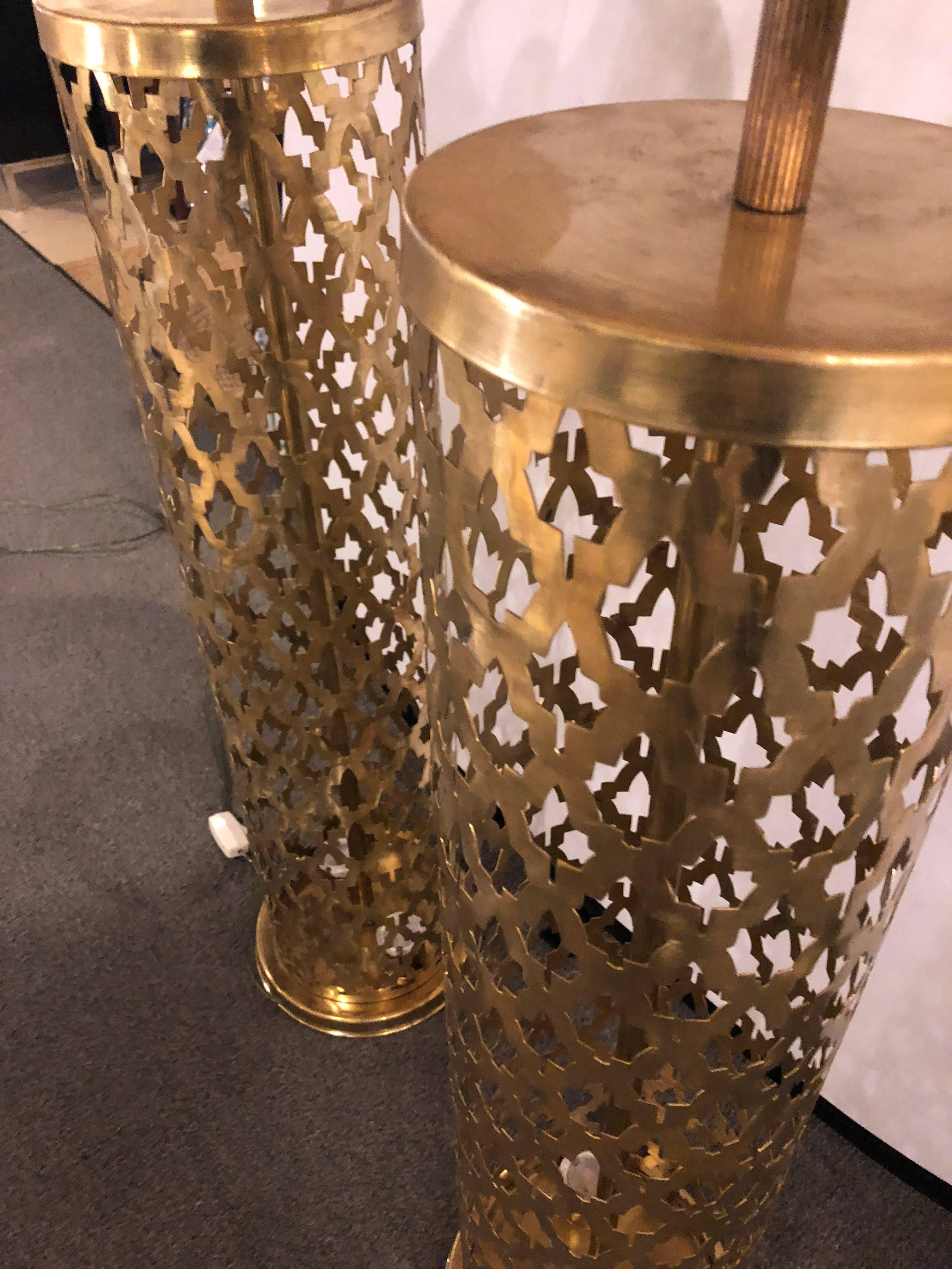 Contemporary Pair of Hand-Hammered Pierced Brass Standing Lamps