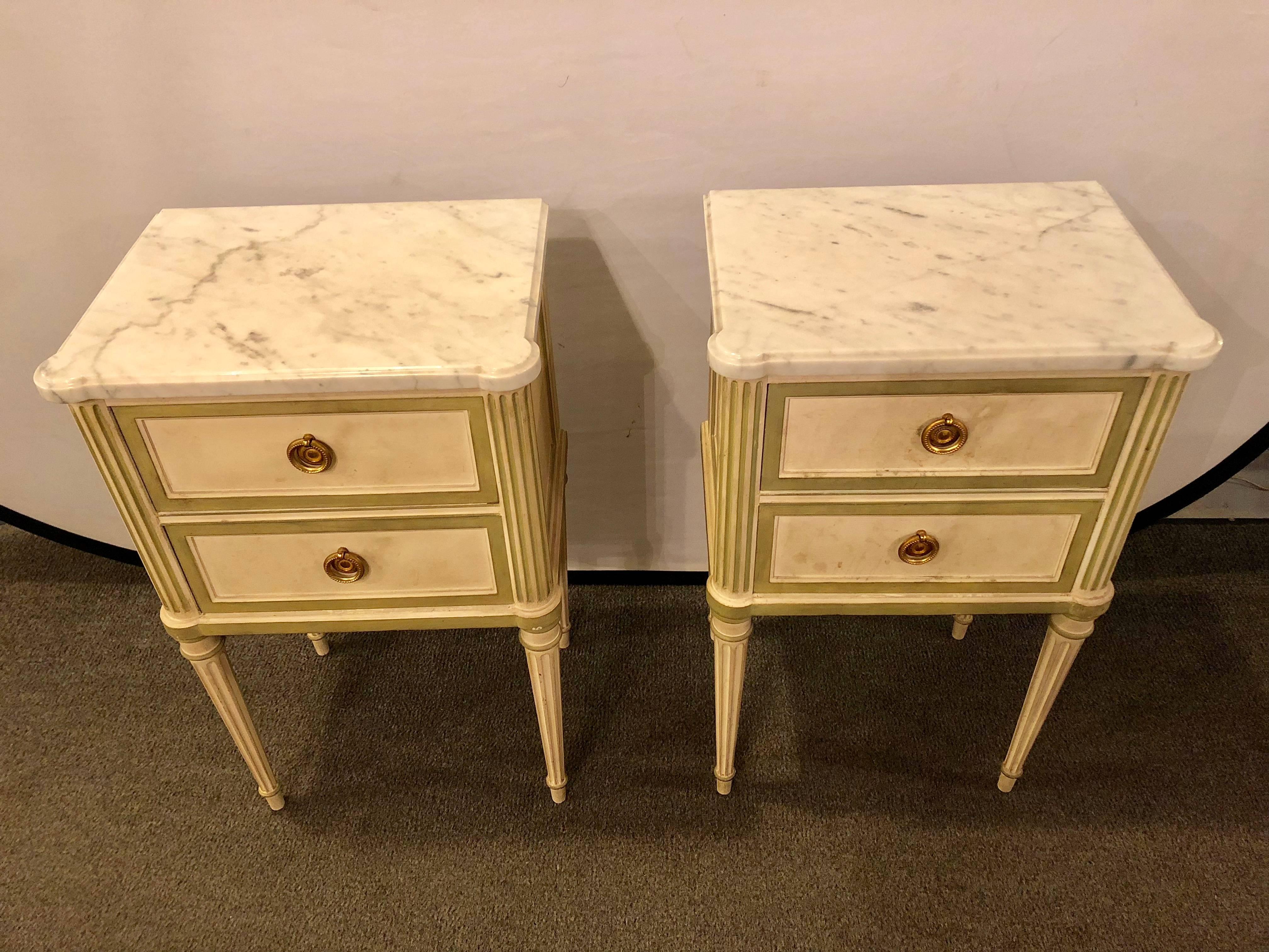 Hollywood Regency Pair of Louis XVI Style Paint Decorated Marble Top End Tables or Nightstands