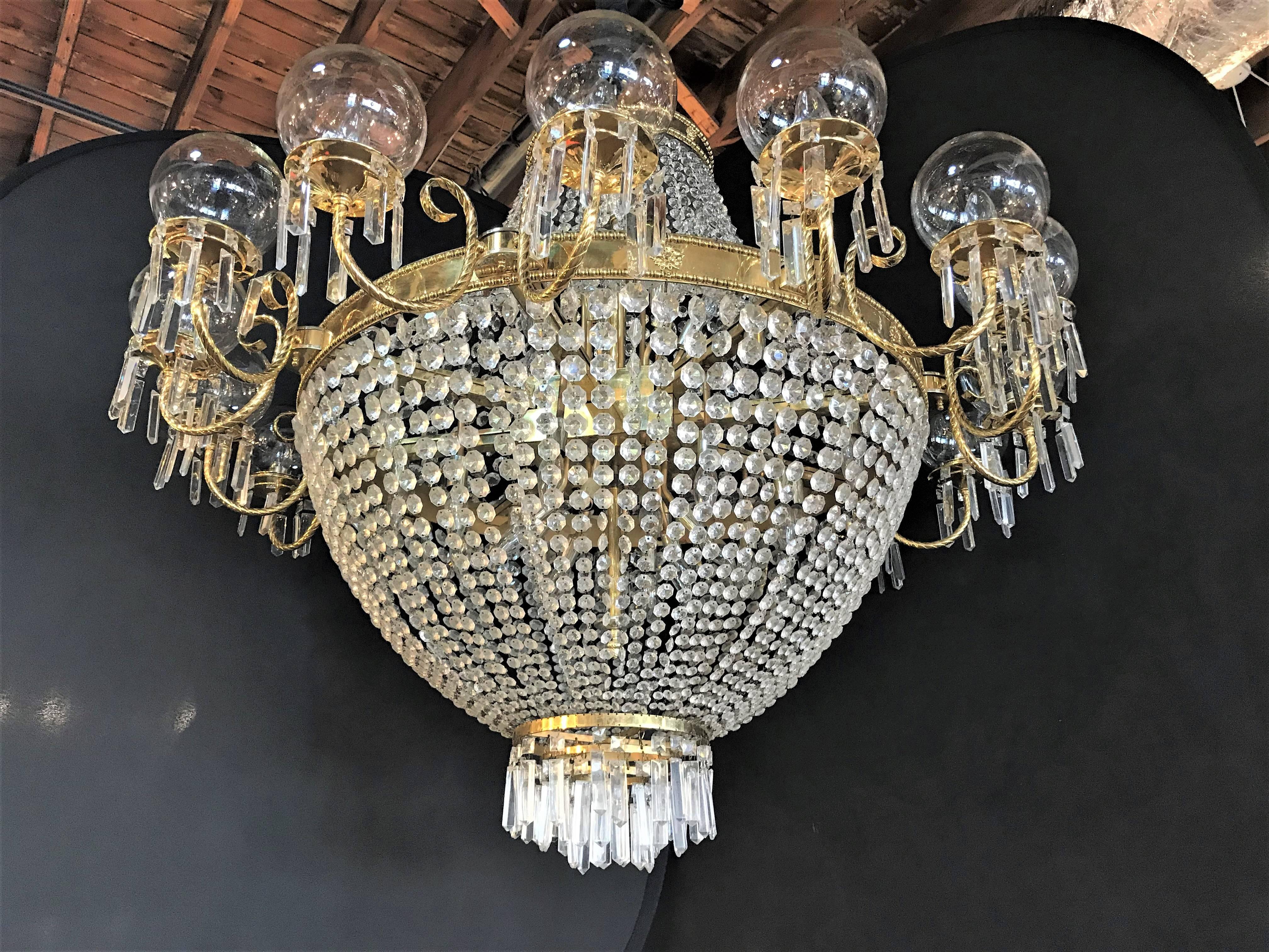 20th Century Palatial Neoclassical Brass and Crystal Basket Chandelier with Hanging Prisms