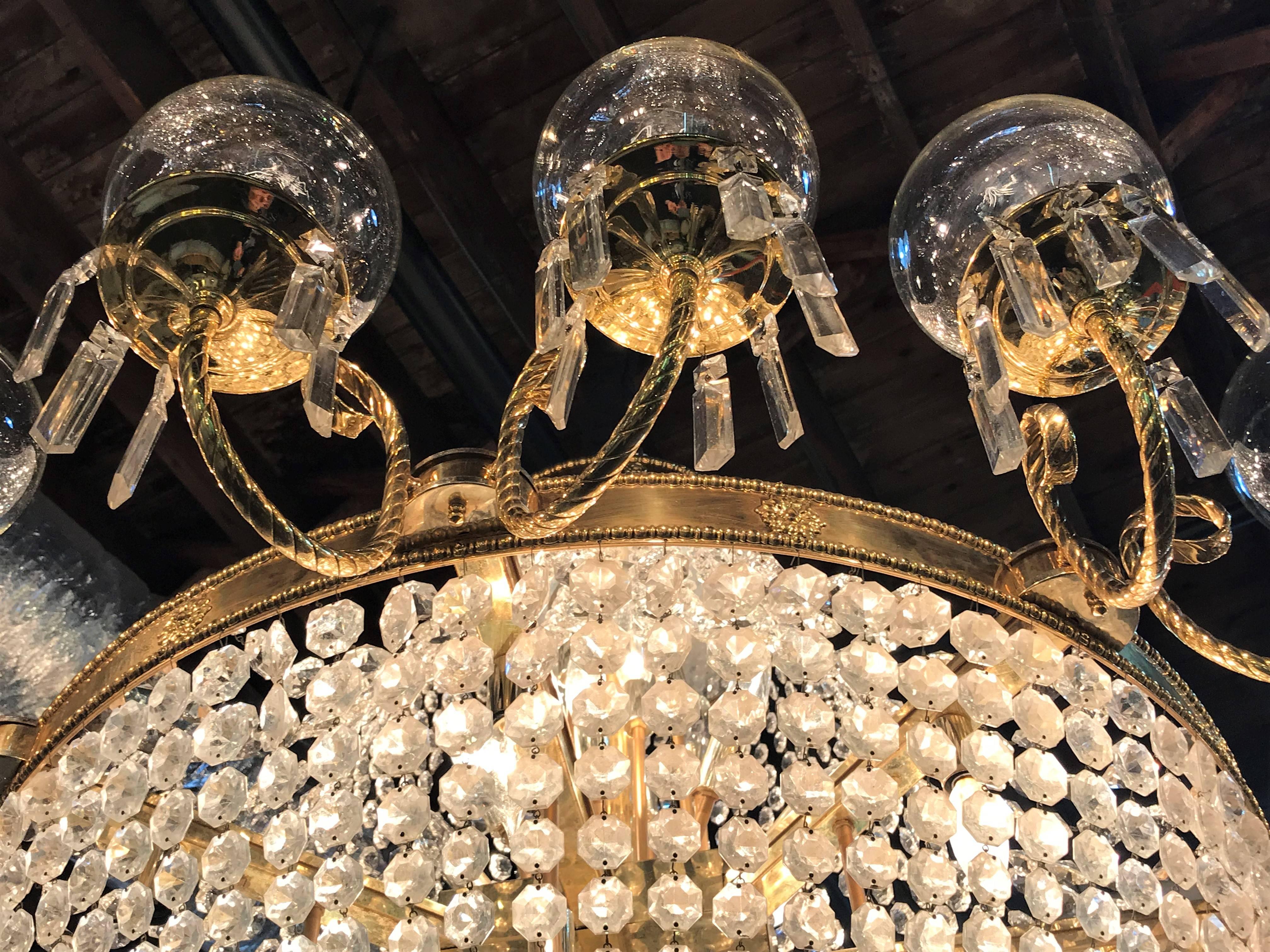 Palatial Neoclassical Brass and Crystal Basket Chandelier with Hanging Prisms 4