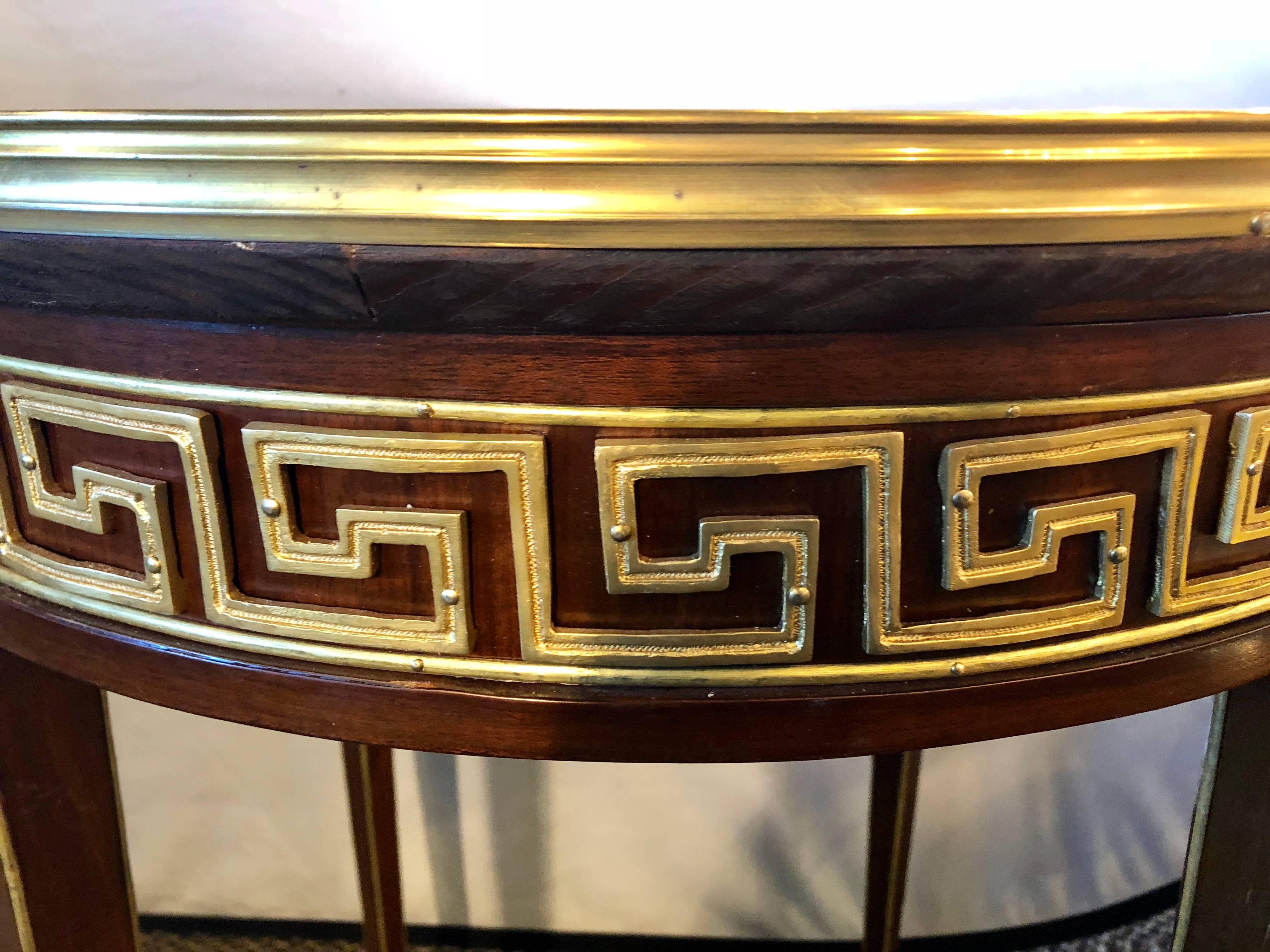 Pair of Greek Key Design Bronze Galleried Marble-Top Mahogany Bouillotte Tables In Good Condition In Stamford, CT