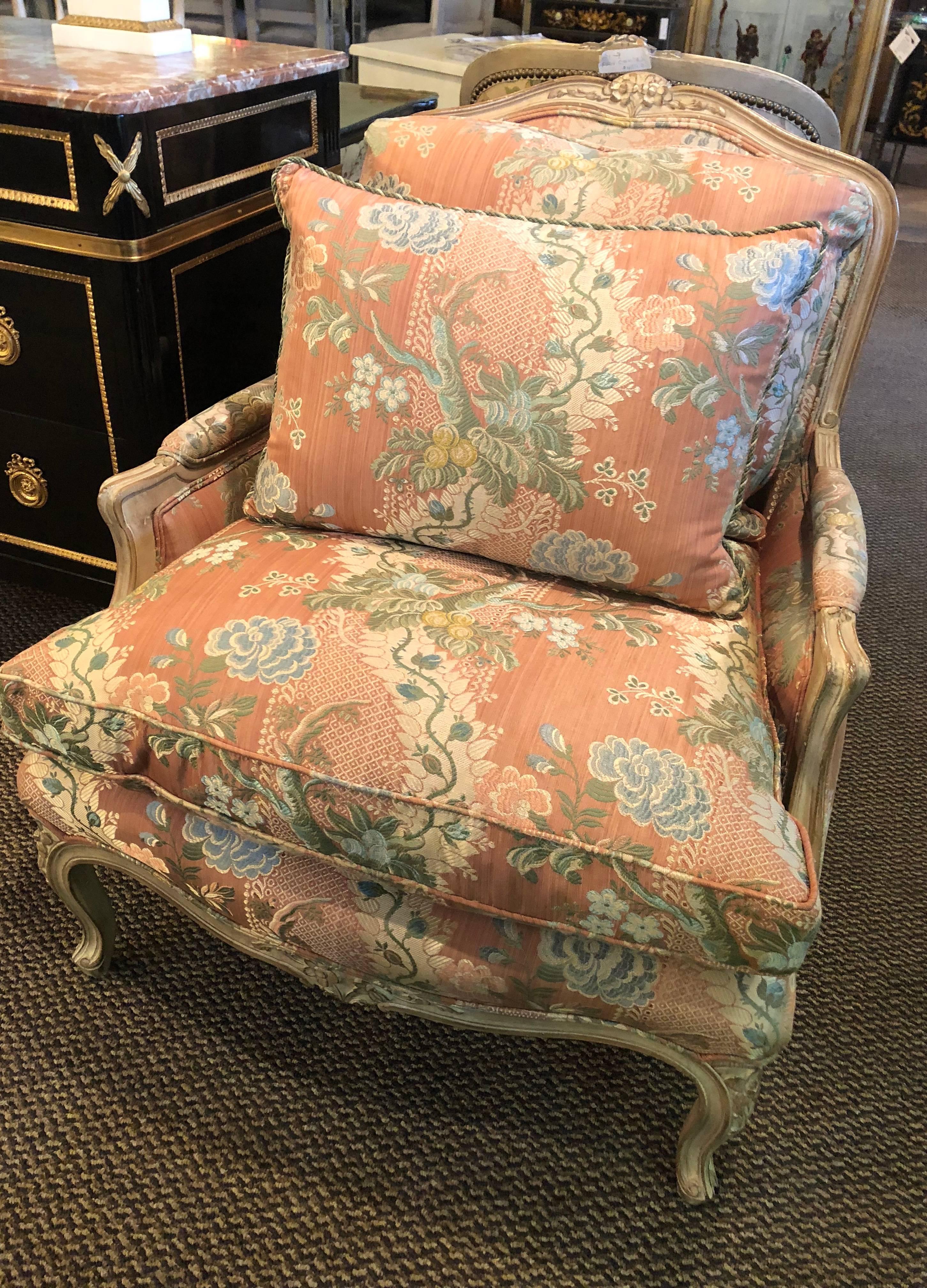 French Pair of Louis XV Style Overstuffed Bergere Chairs by Maison Jansen