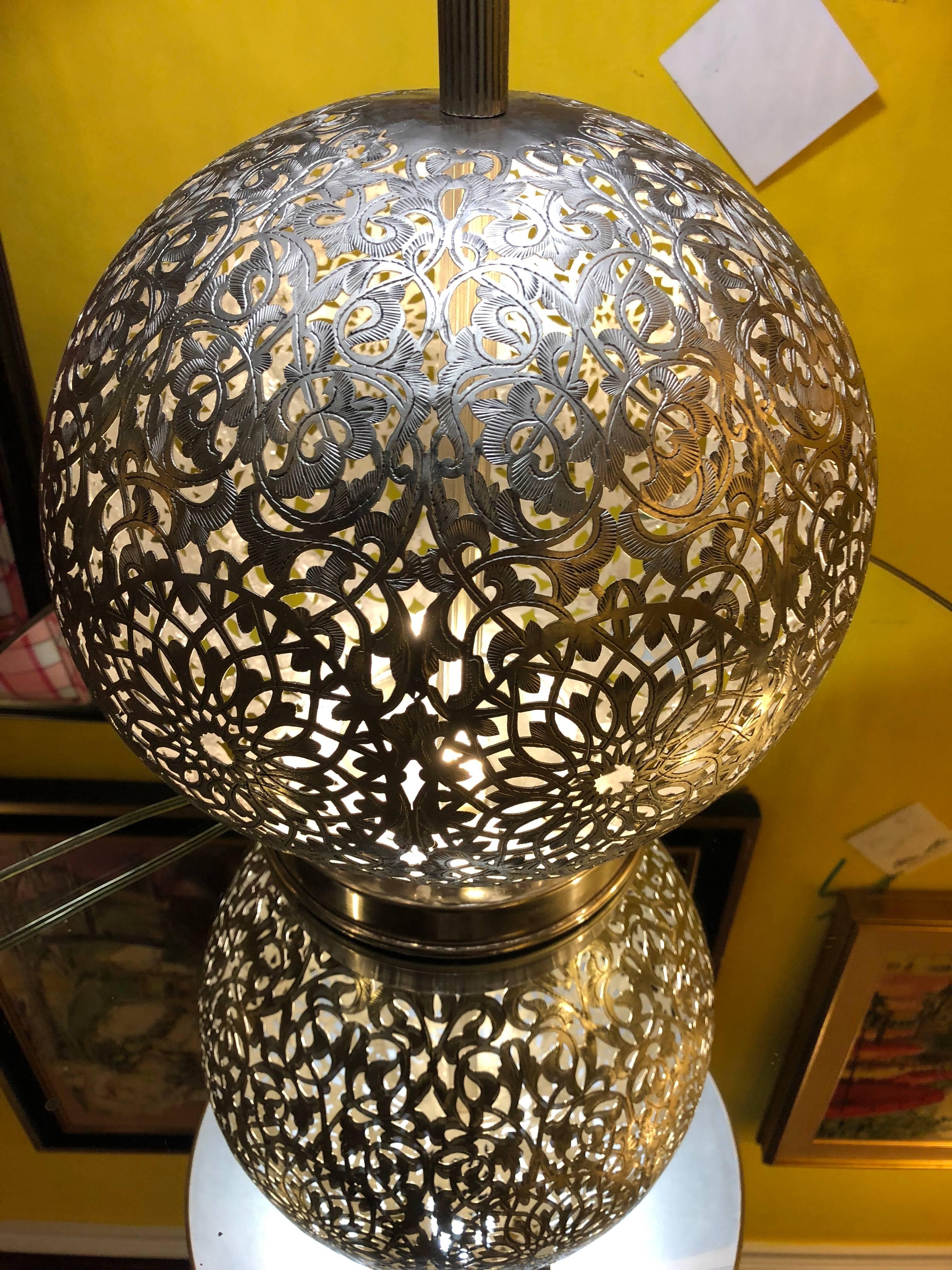 Moroccan Pair of Round White Brass Table Lamps