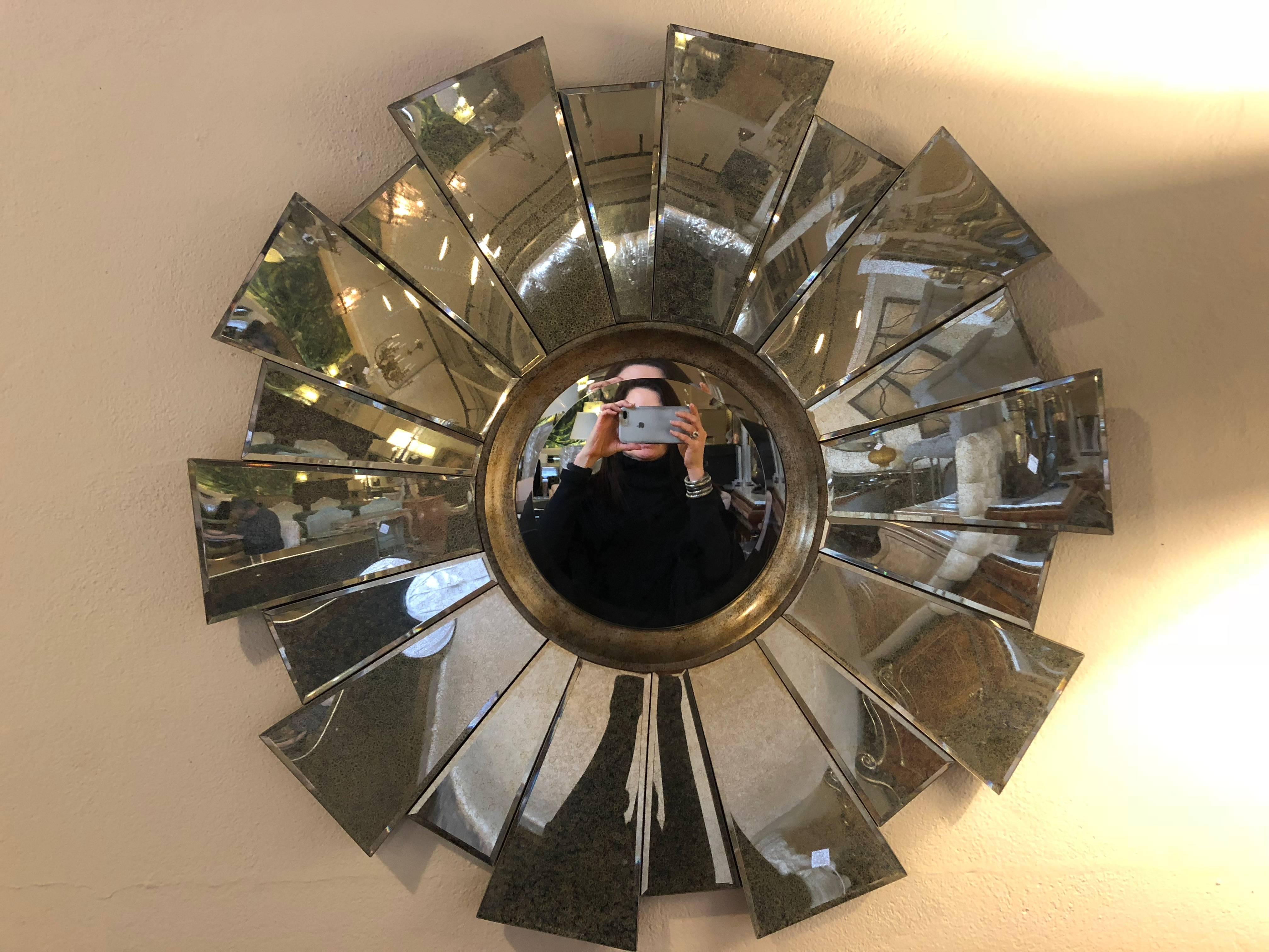  Contemporary Beveled Circular Mirror in a Mirrored Sunburst Frame 1