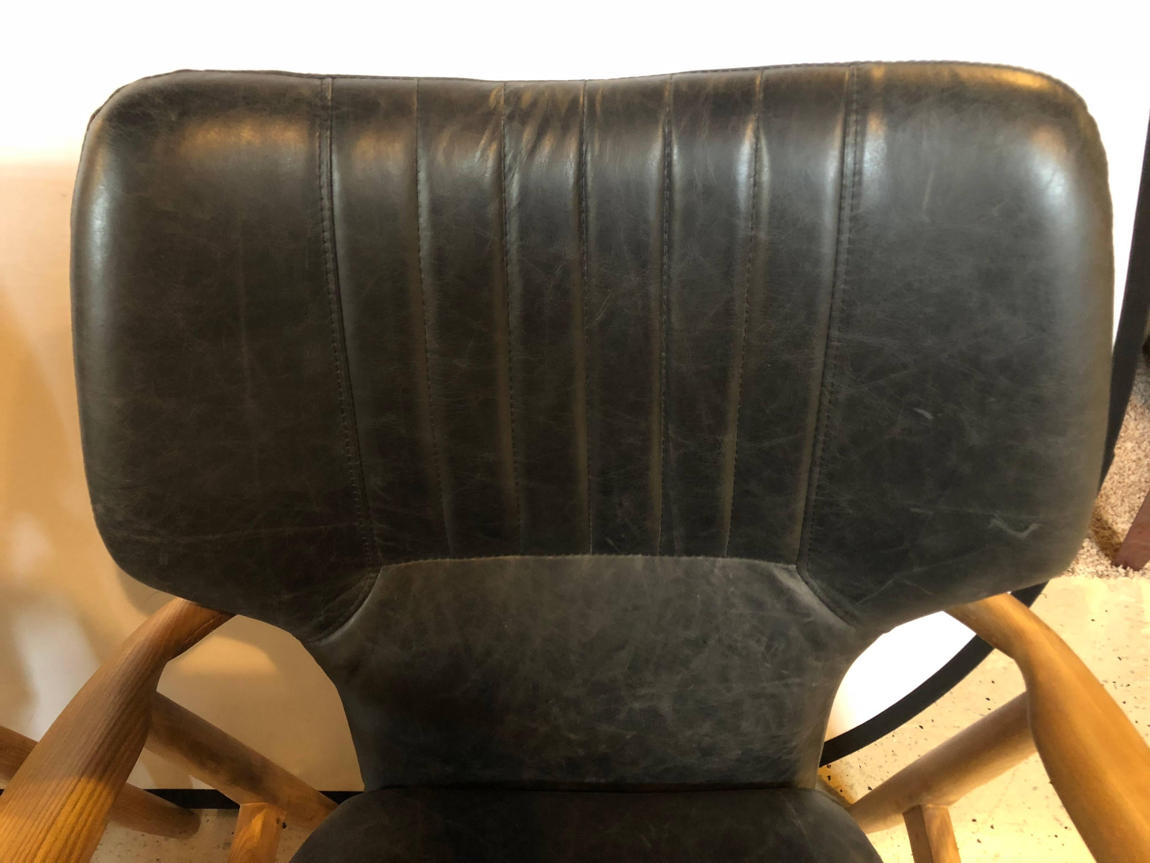 Pair of Mid Century Modern Style Arm Chairs with Black Leather Upholstery In Good Condition In Stamford, CT