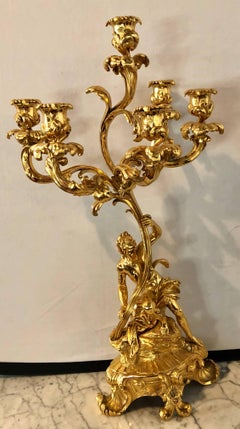 Pair of 19th Century Bronze 24-Carat Gold-Plated Six-Arm Figural Candelabras