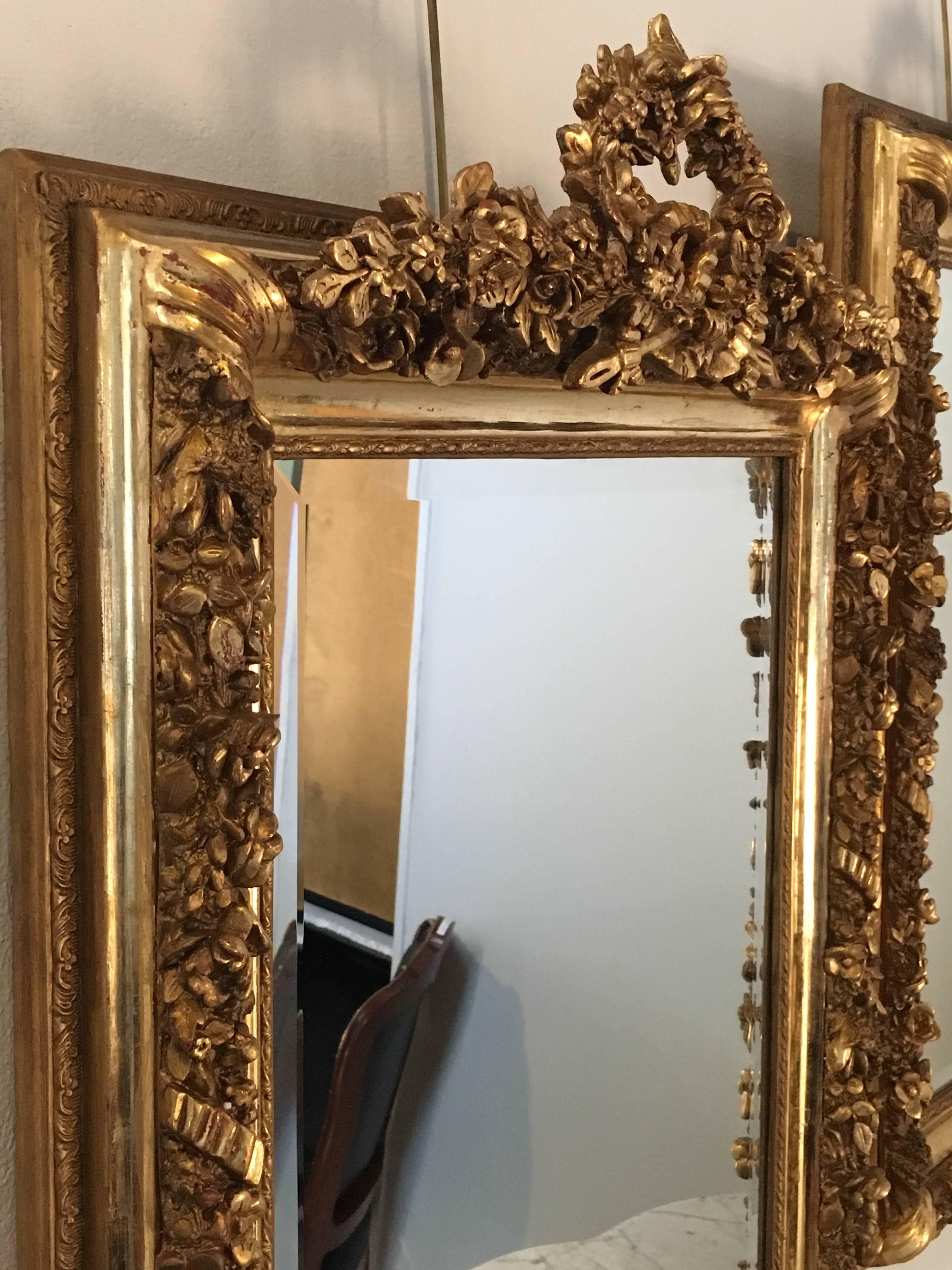 Louis XVI Pair Of Gilt Gesso and Wood Ribbon Tassel Rose Carved Mirrors 