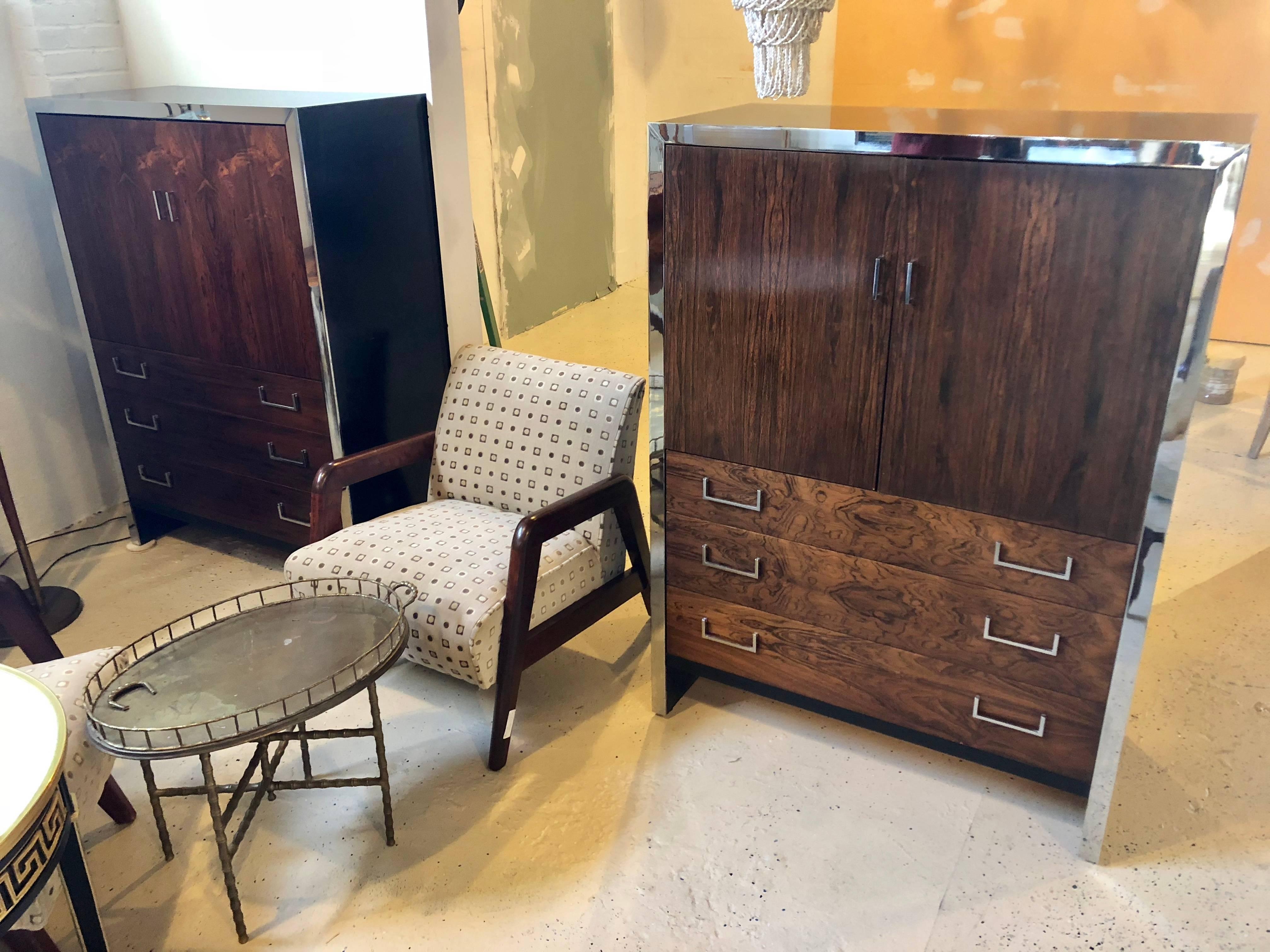 Mid-Century Modern Milo Baughman for John Stuart high chest having rosewood with ebony and chrome Decorative front and sides. The interior fitted with two drawers and a large open space over three drawers of burl mahogany. This chest bears the John