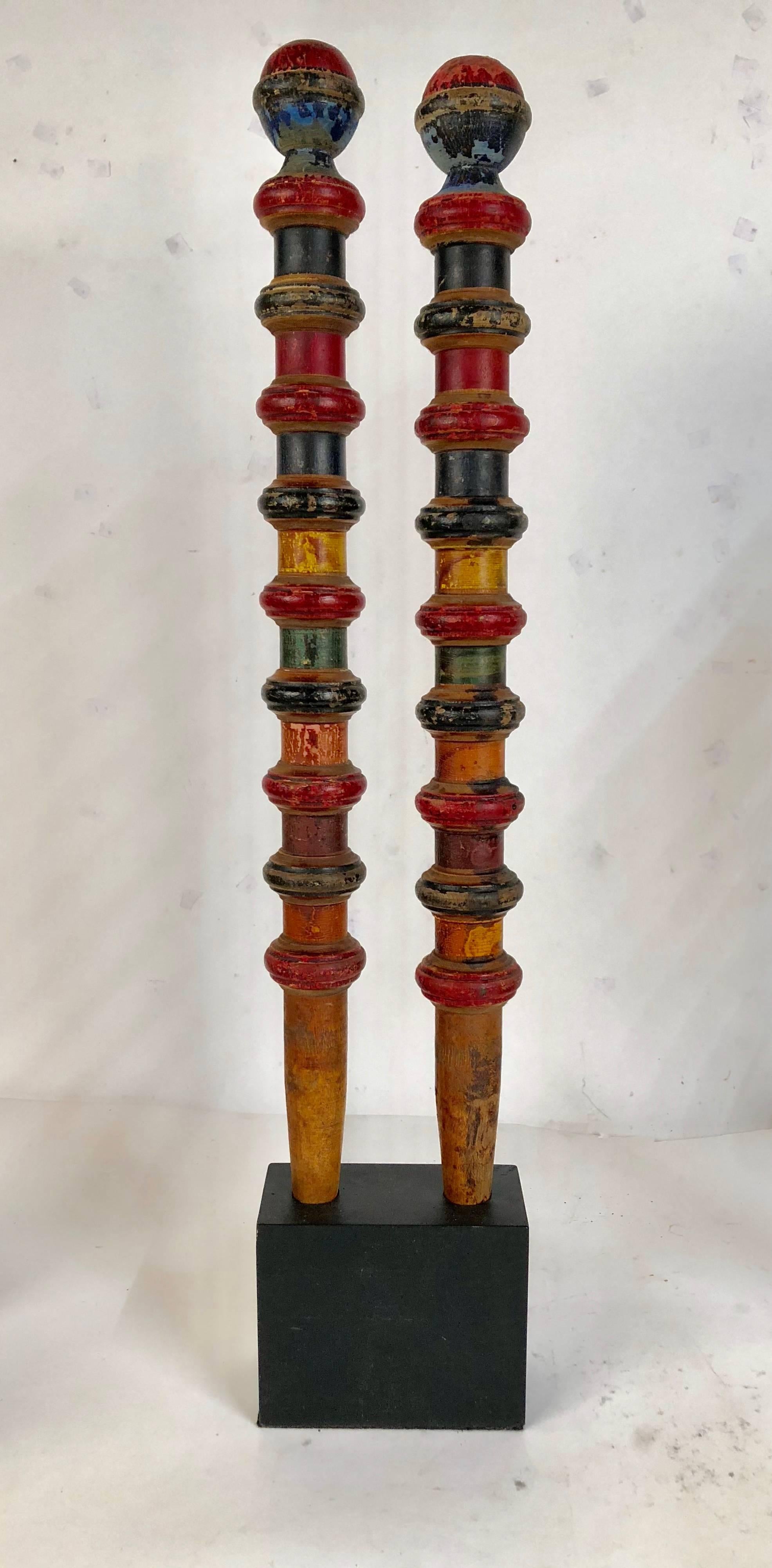 Folk Art Collection of Antique and Vintage Colorful Croquet Posts in Custom Block Stands