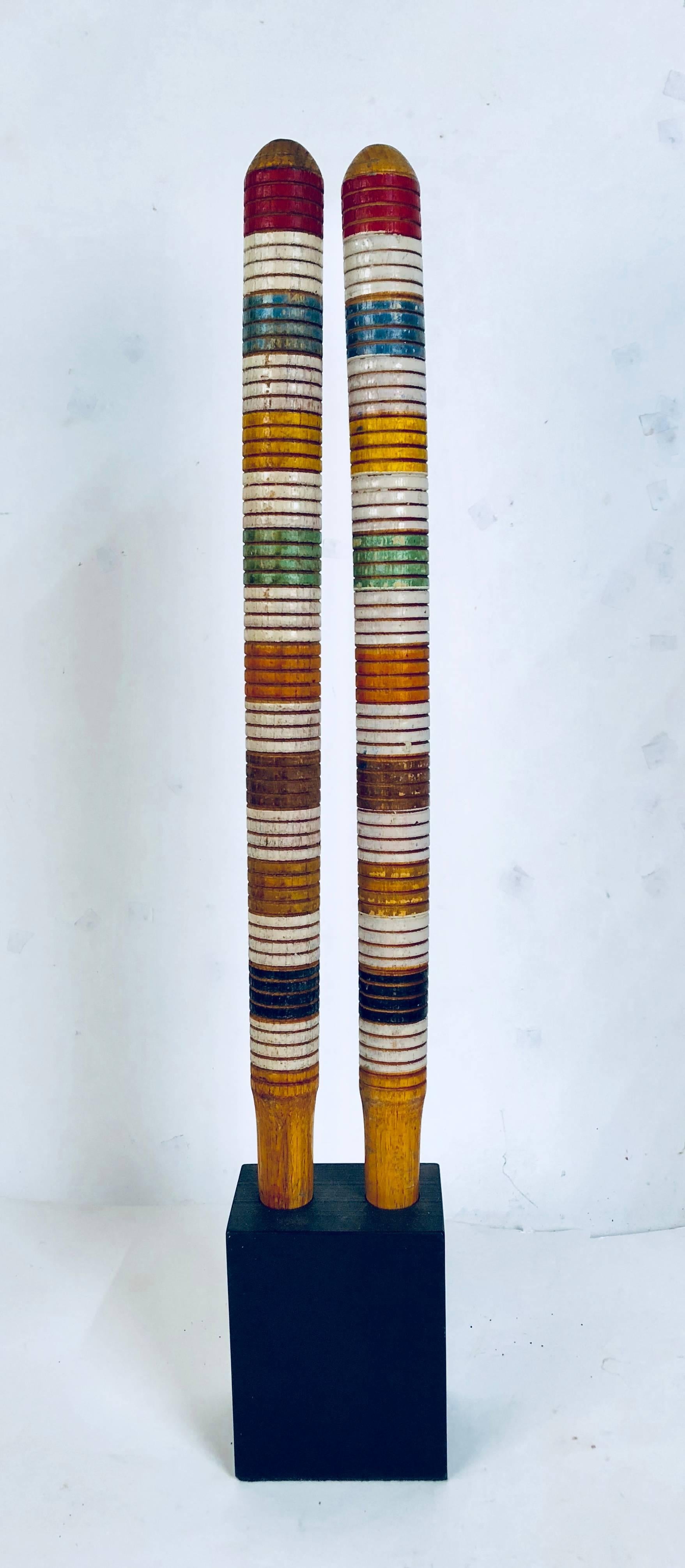 Collection of Antique and Vintage Colorful Croquet Posts in Custom Block Stands In Good Condition In Stamford, CT