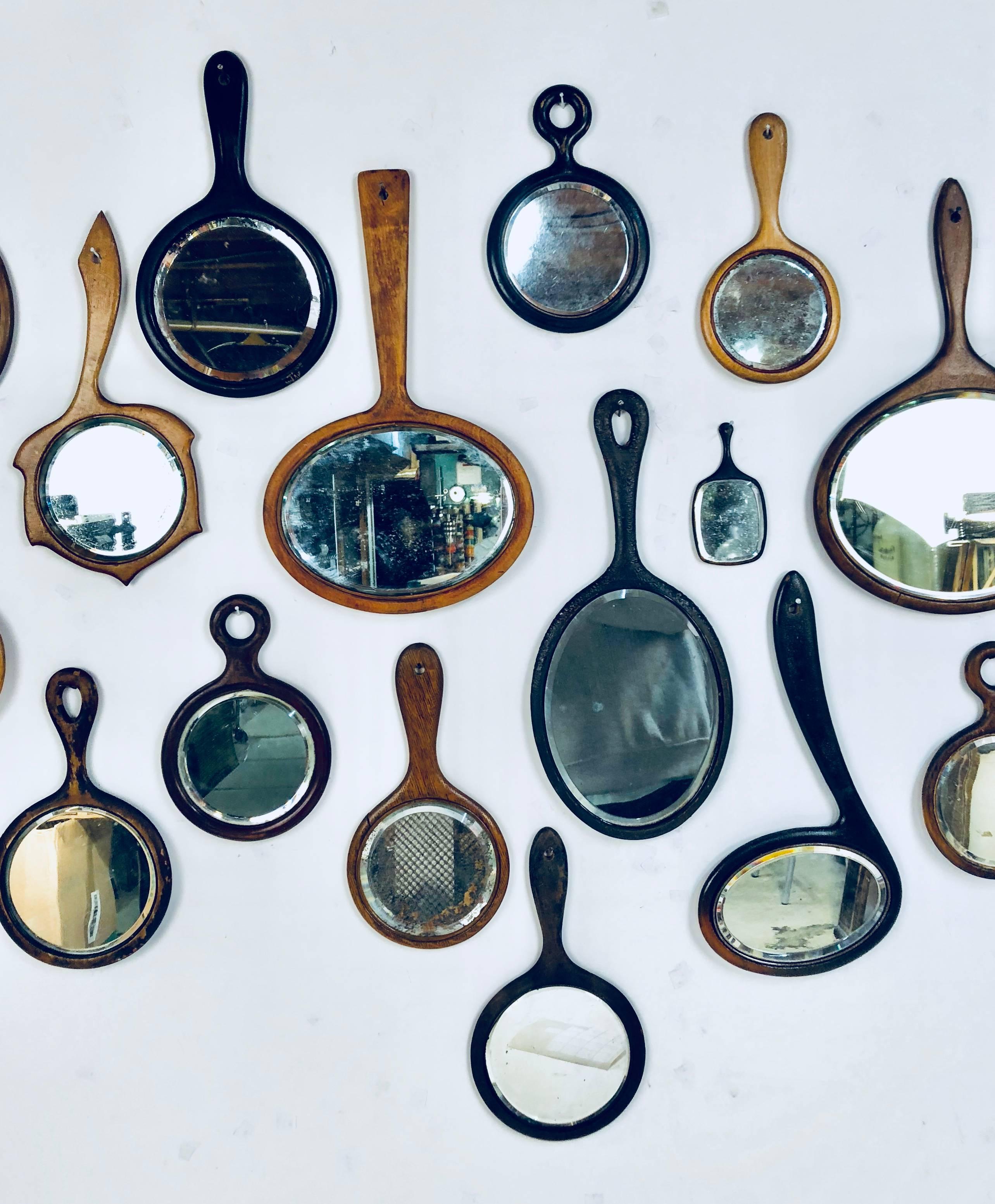 Folk Art Collection of 18 Antique Wooden Handle Bevelled Glass Hand Mirrors