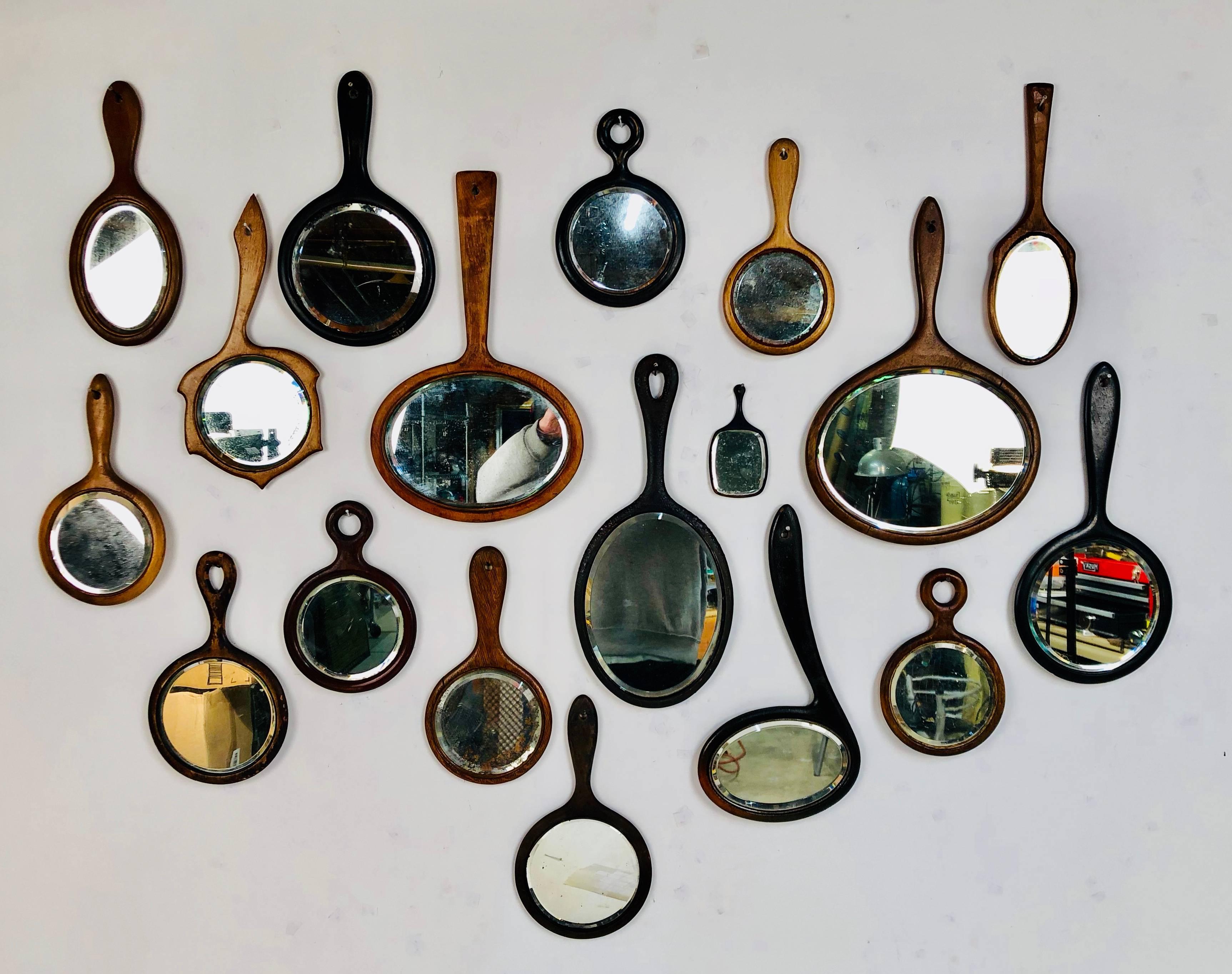 Collection of 18 Antique Wooden Handle Bevelled Glass Hand Mirrors 1
