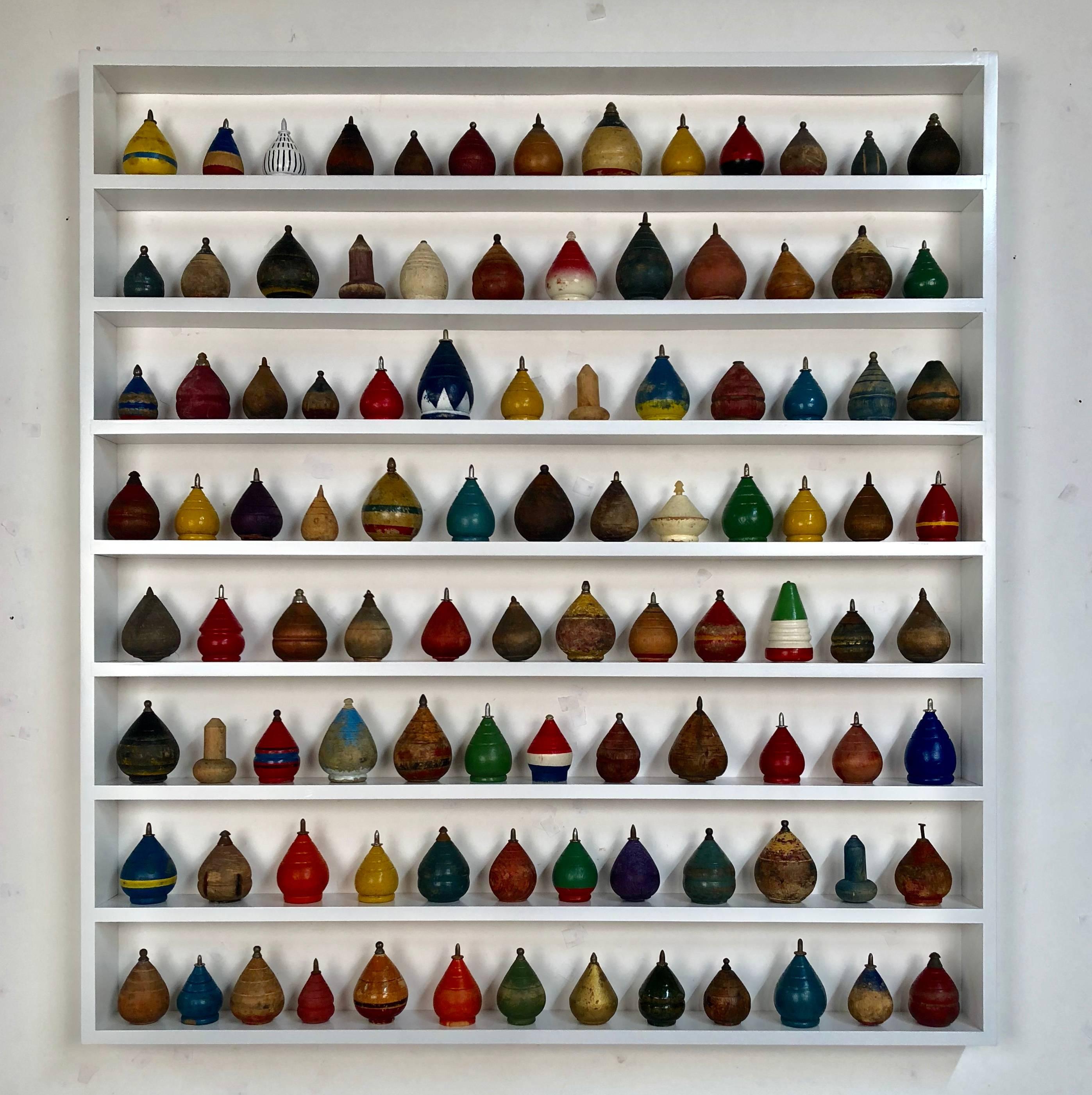 Collection of 100 Antique Spinning Tops in a Custom Shadow Box Frame 3