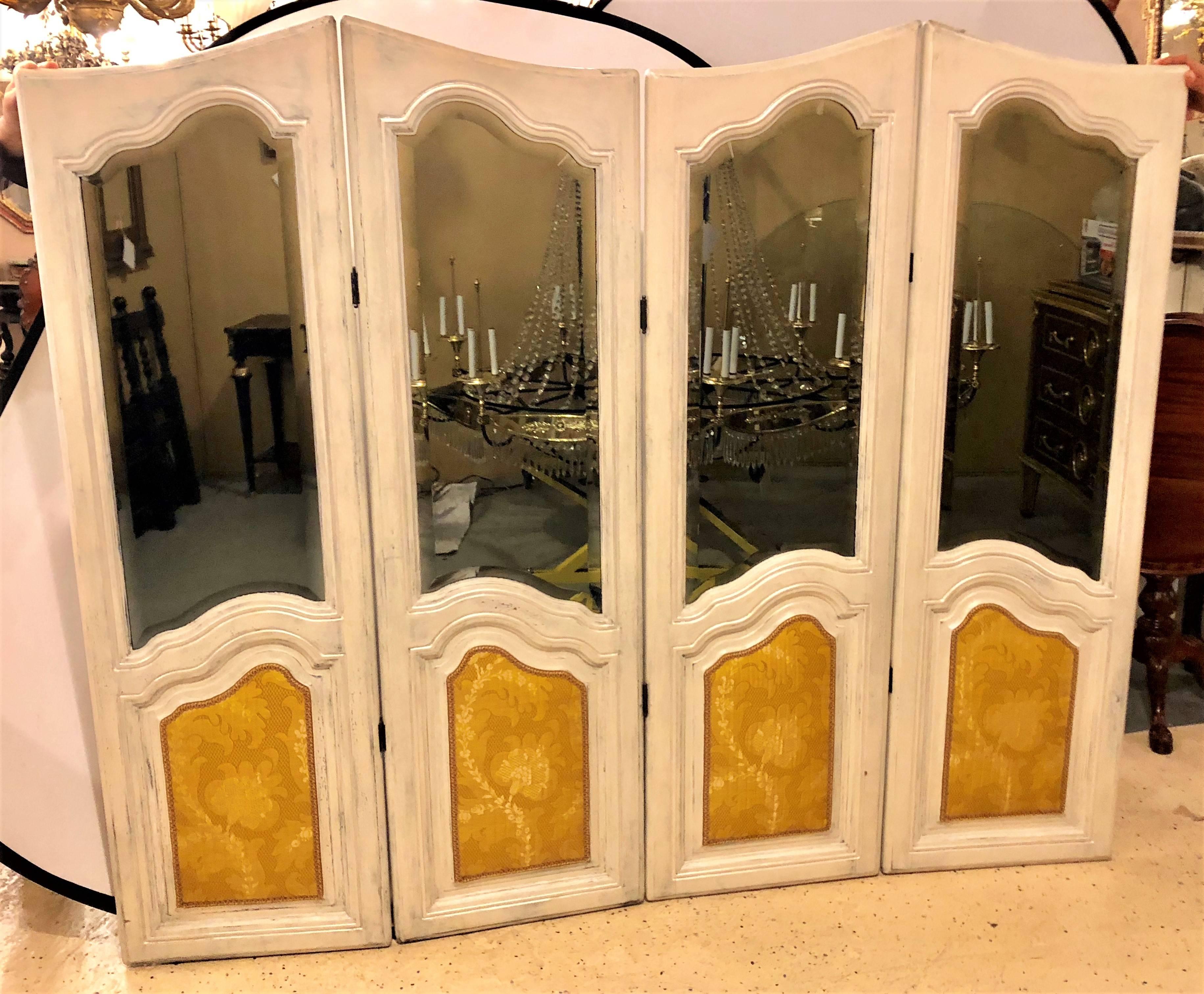 20th Century Hollywood Regency Four-Panel Painted Mirror/Room Divider or Folding Screen