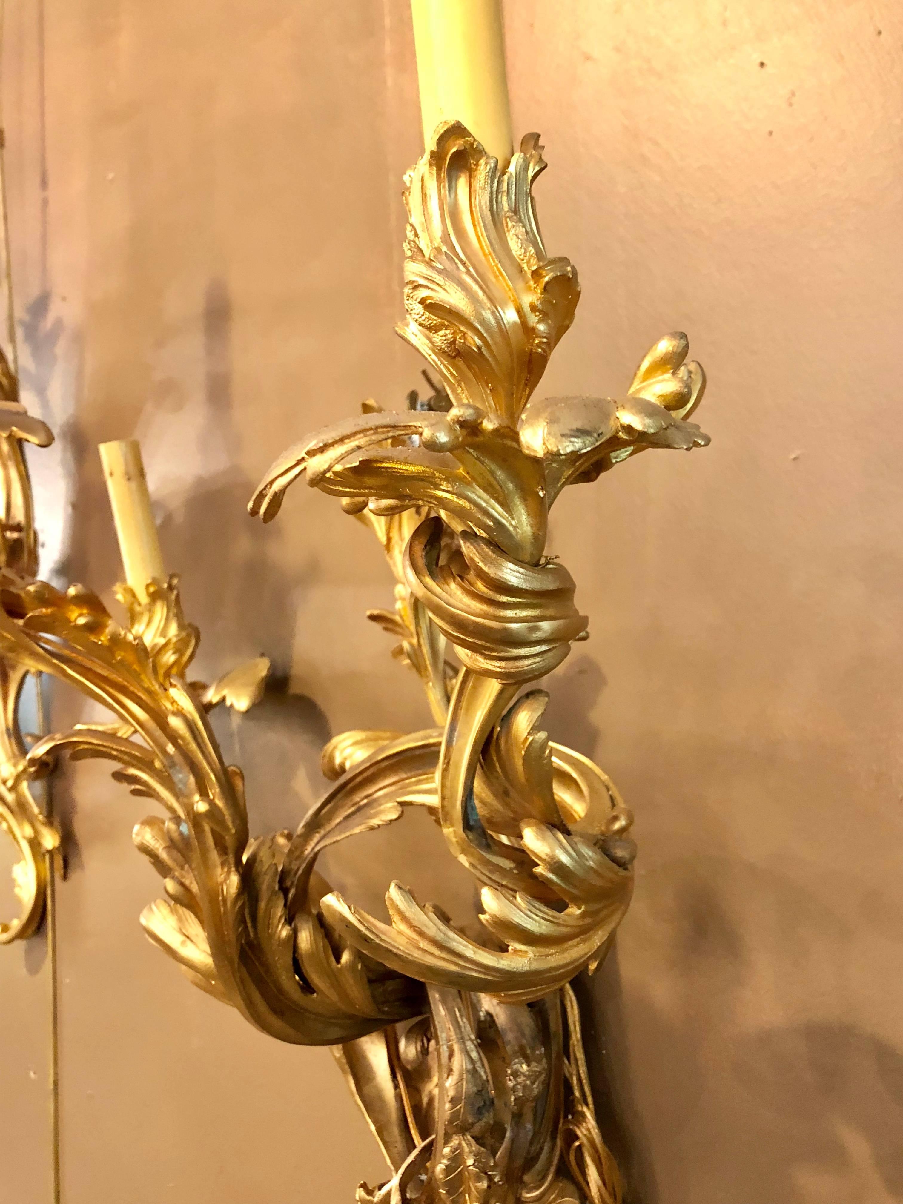 Pair of Louis XVI Style Bronze Three Light Gilt Bronze Sconces In Good Condition In Stamford, CT