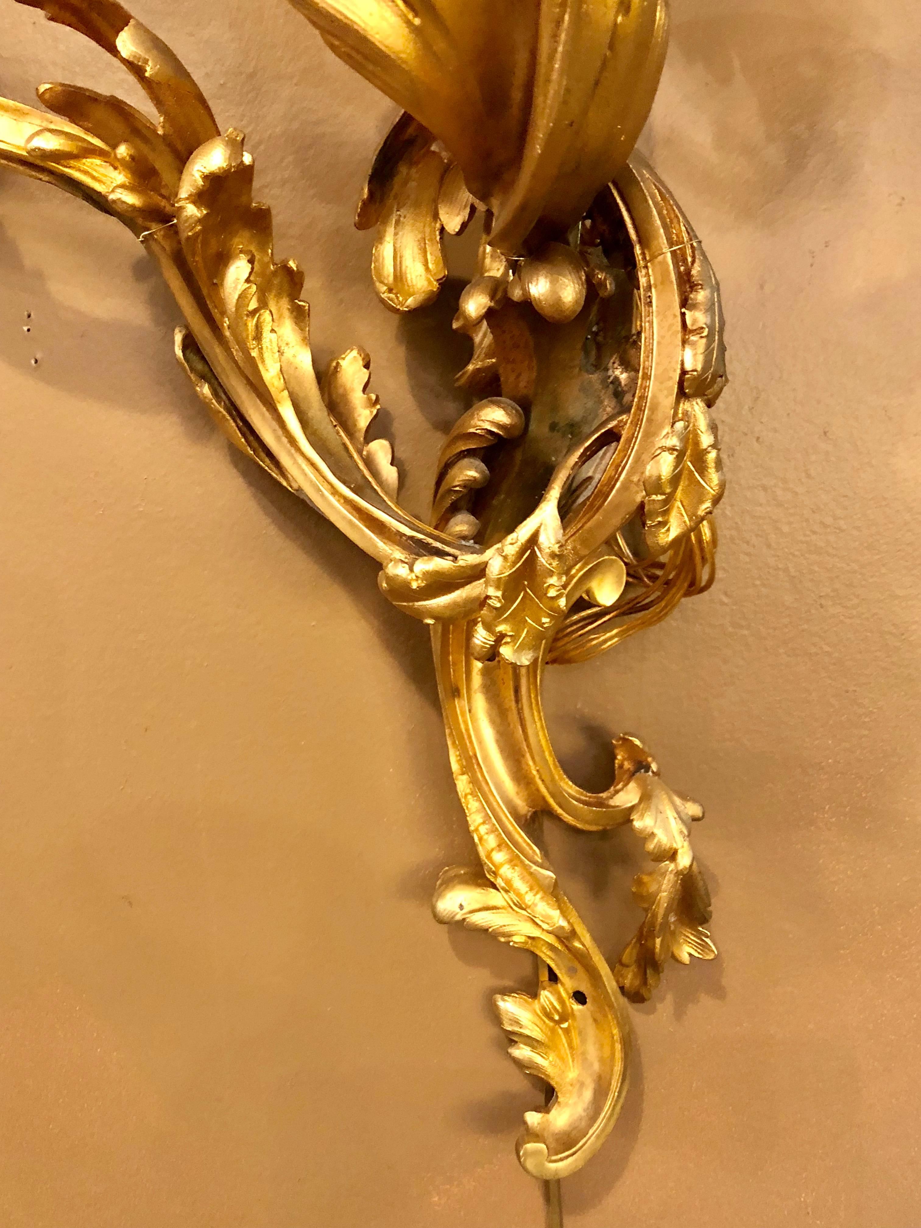 20th Century Pair of Louis XVI Style Bronze Three Light Gilt Bronze Sconces