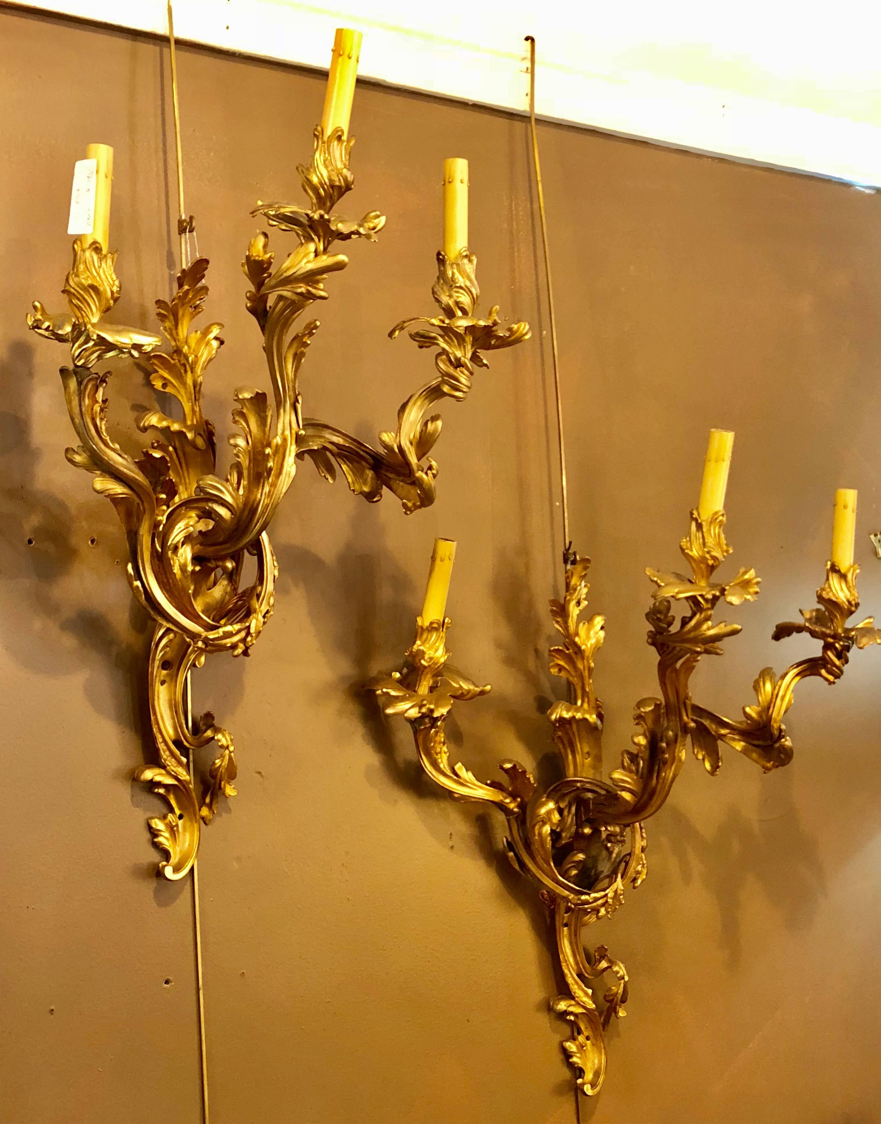Pair of Louis XVI Style Bronze Three Light Gilt Bronze Sconces 5