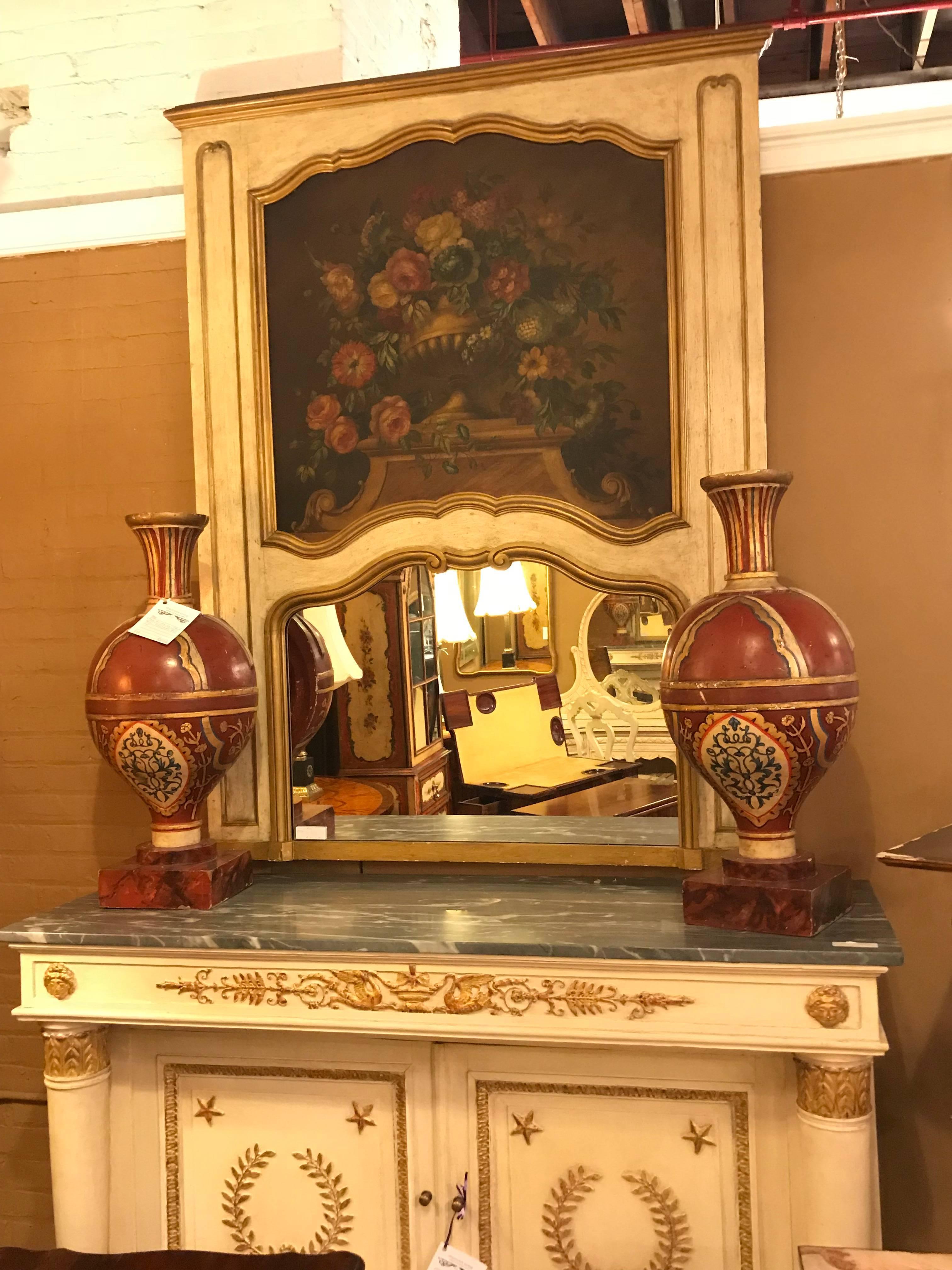 French Antique Painted and Parcel-Gilt Trumeau or over the Mantel Wall Mirror  5