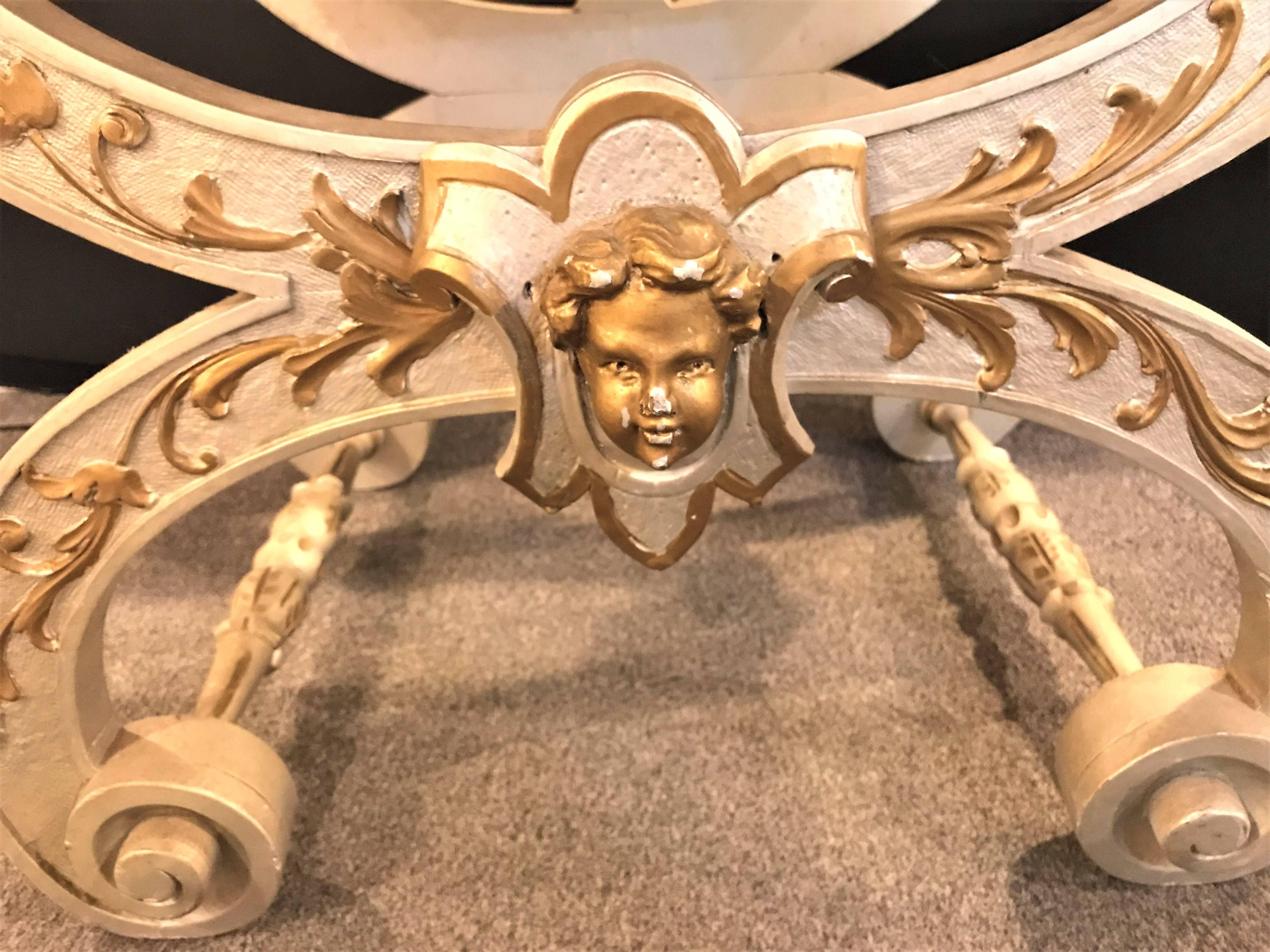 Hollywood Regency Fine Antique Italian Cerule Stool Bench with Detailed Cherub Carvings in Gilt