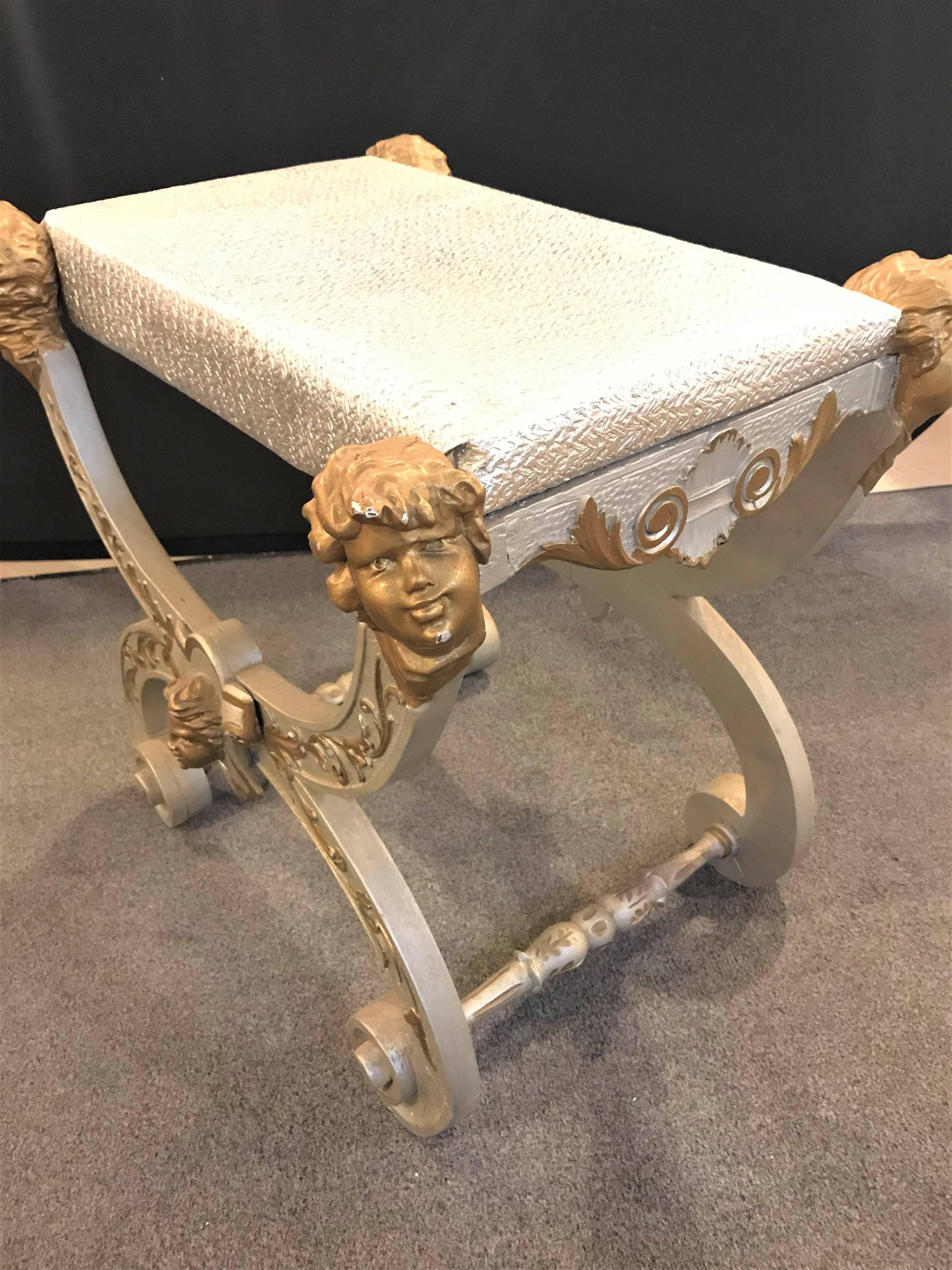 Fine Antique Italian Cerule Stool Bench with Detailed Cherub Carvings in Gilt 3