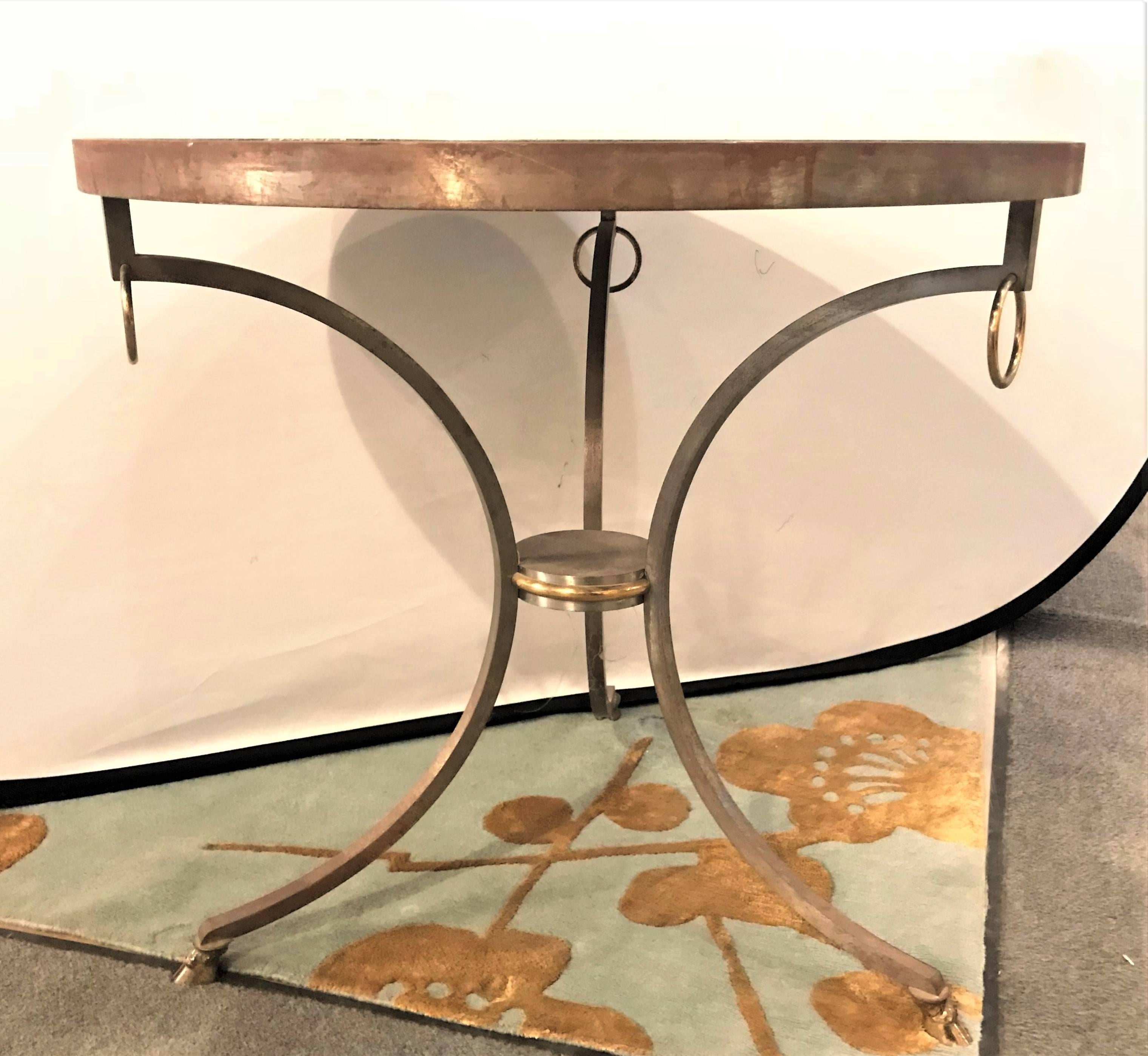 Mid-Century Modern French Directoire Style Iron and Brass Marble-Top Gueridon Table