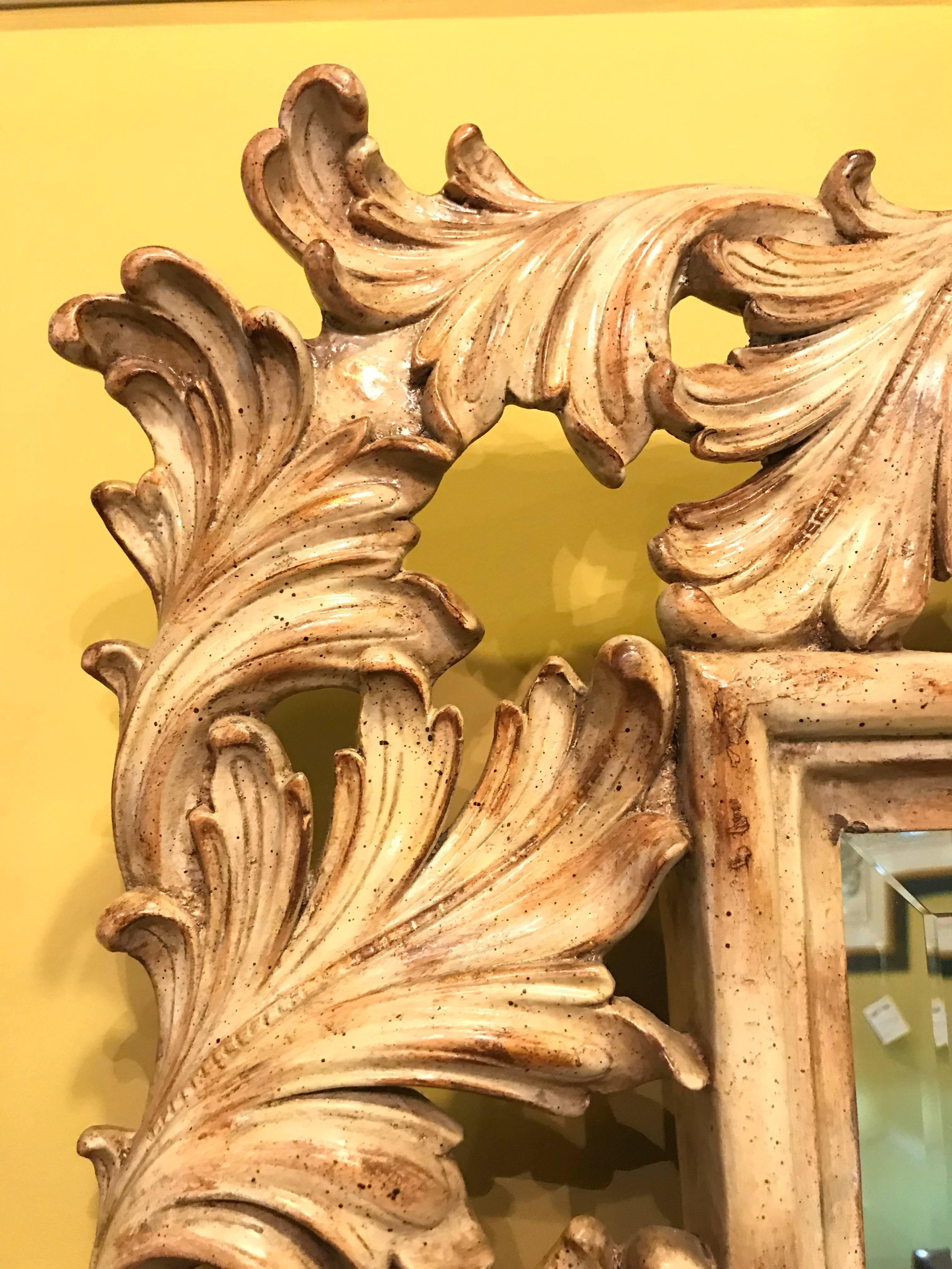 Heavily Carved French Frame Flanking a Bevelled Glass Wall or Console Mirror For Sale 1