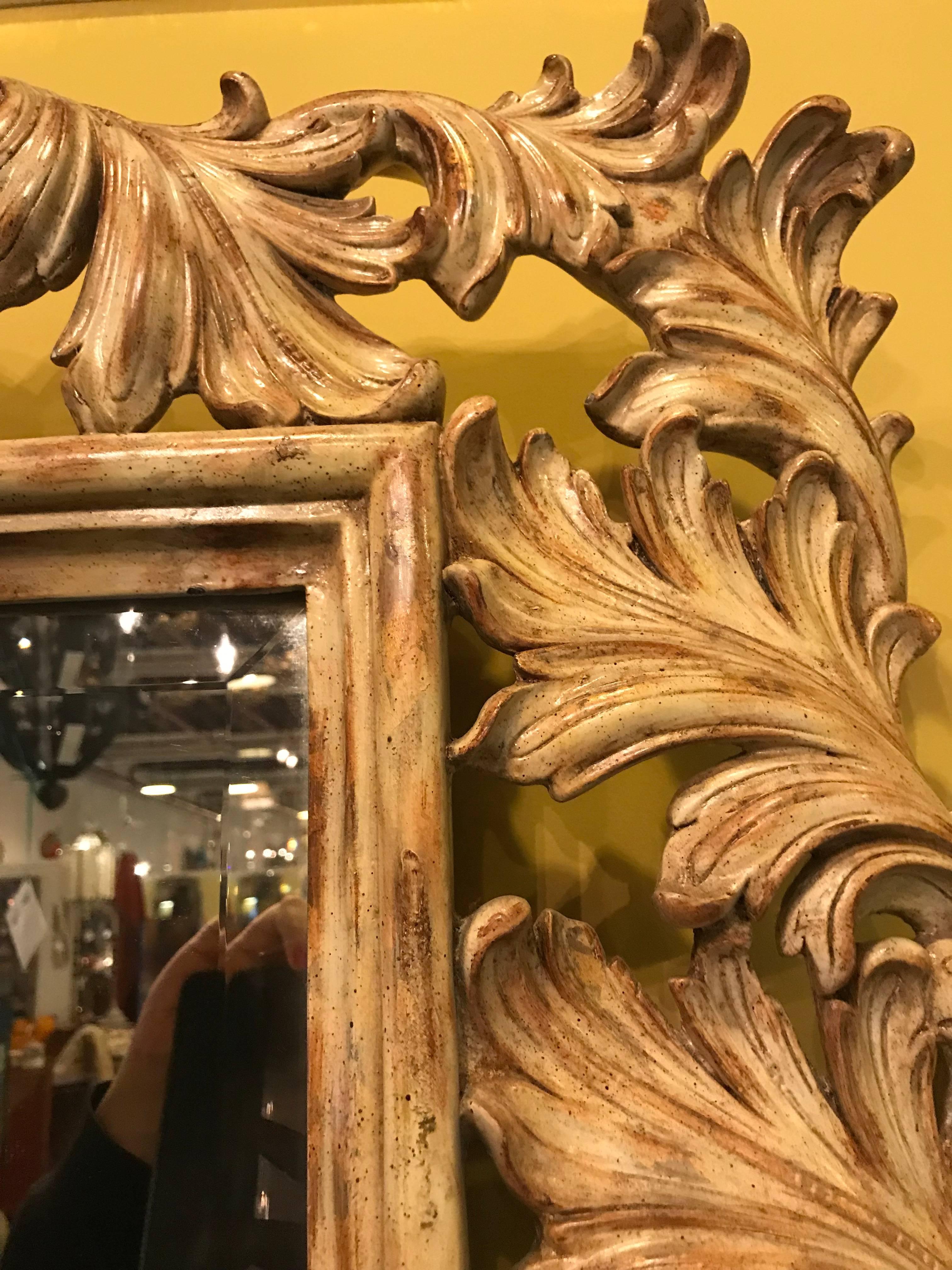 Heavily Carved French Frame Flanking a Bevelled Glass Wall or Console Mirror For Sale 3
