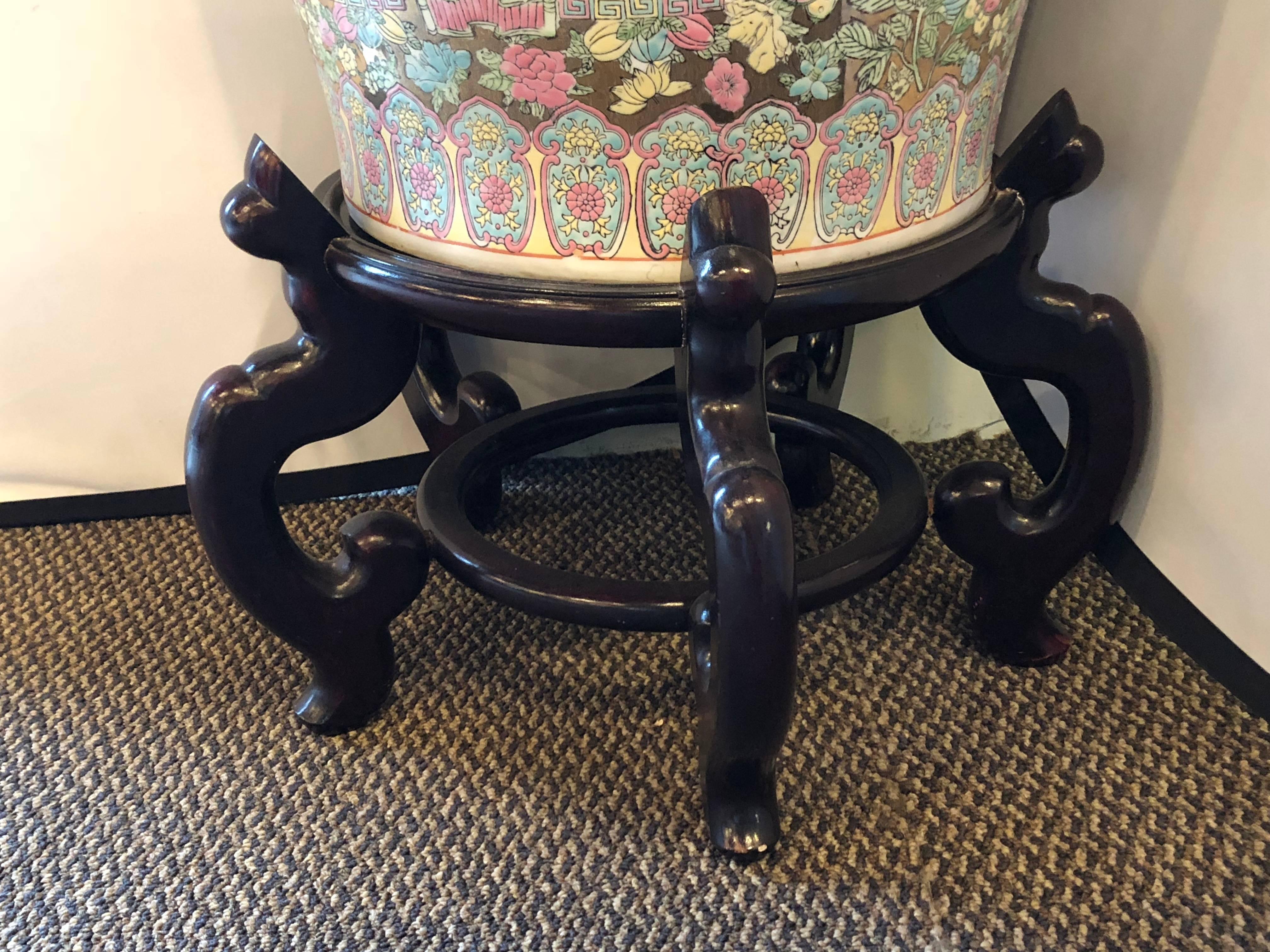 Pair of Compatible Monumental Oriental Vases on Teak Stands In Good Condition In Stamford, CT