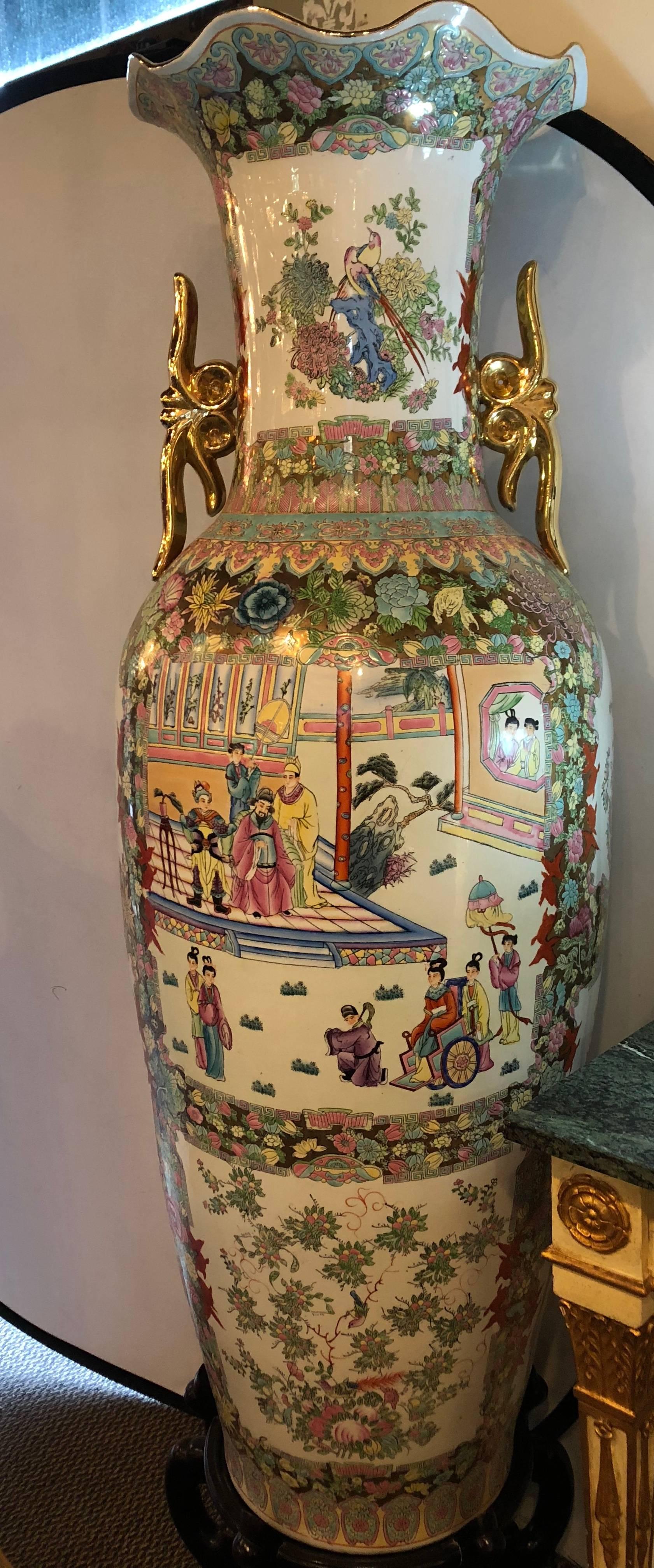 Pair of Compatible Monumental Oriental Vases on Teak Stands 2