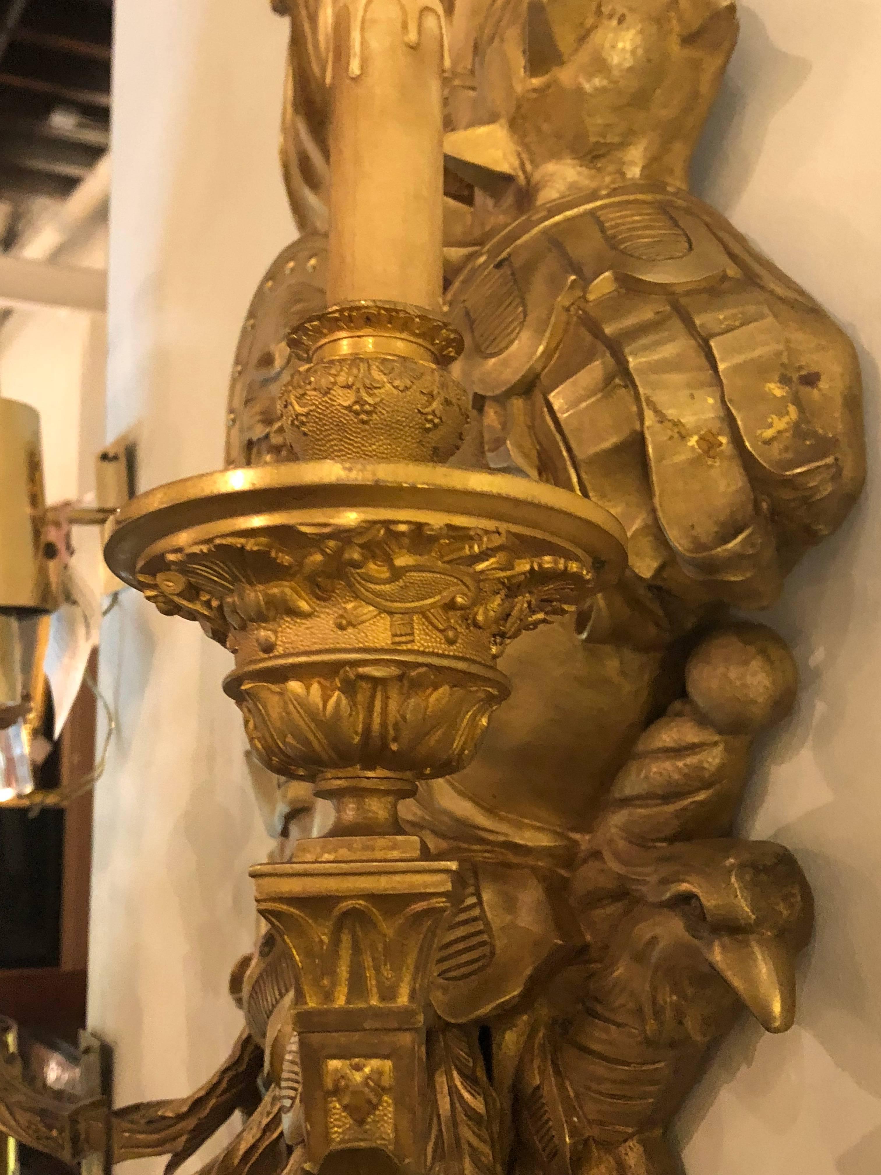 Pair of 19th Century Opposing Figural Bronze Monumental Five Light Wall Sconces 1