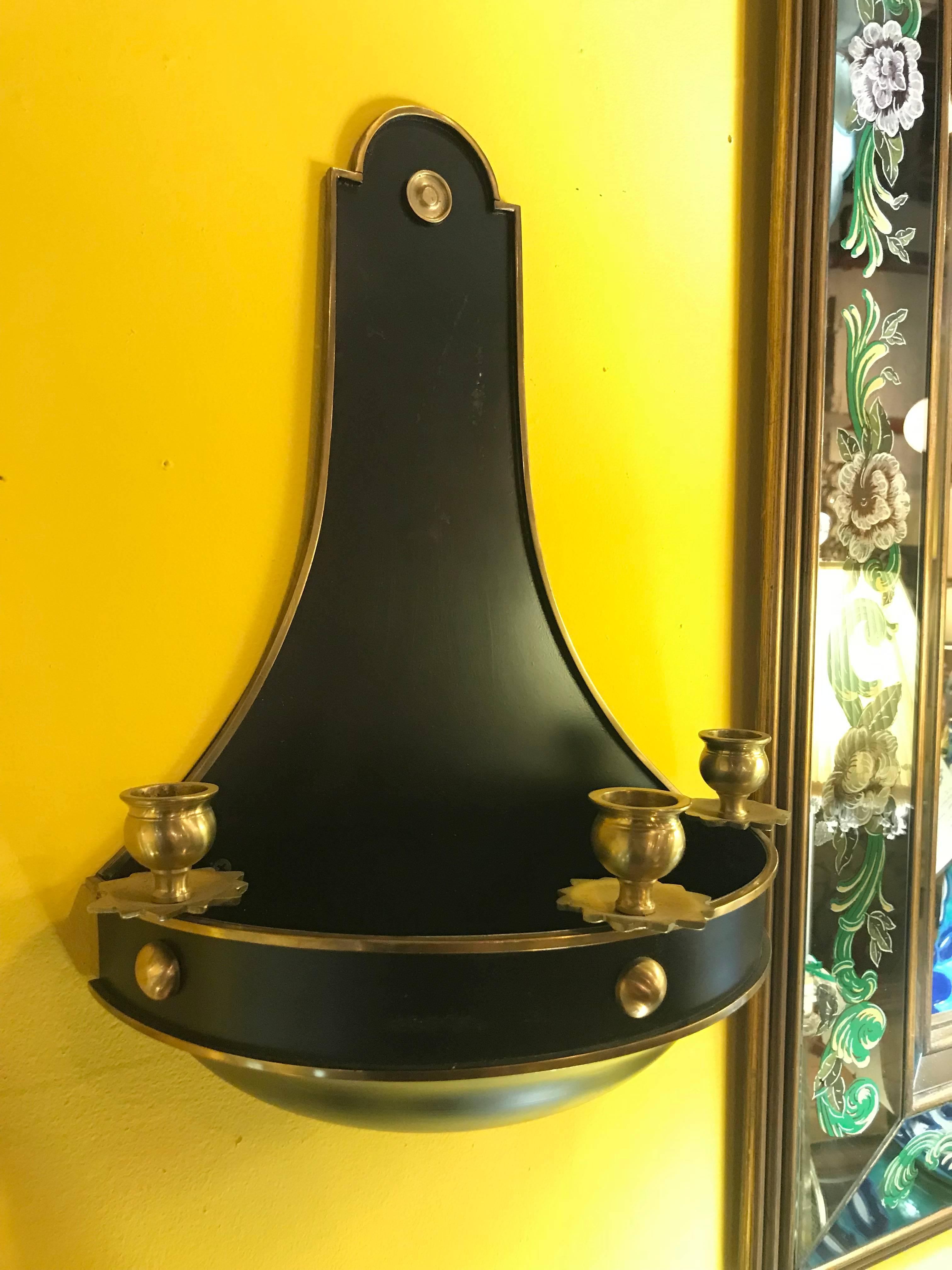 Pair of Ebony and Brass Tear Drop Wall Sconce Planters 1