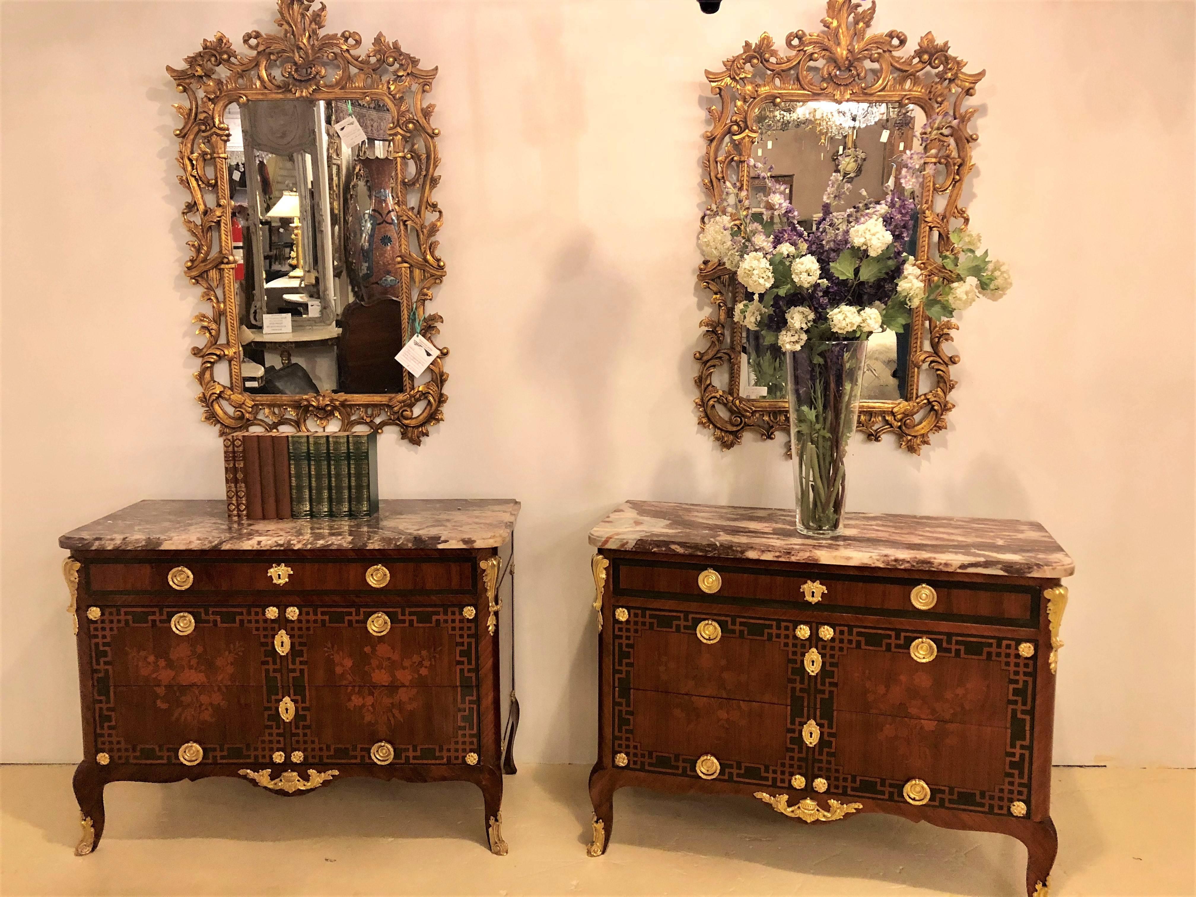 Pair of Louis XV Style Antique French Floral Inlaid Marble-Top Commode or Chests 1