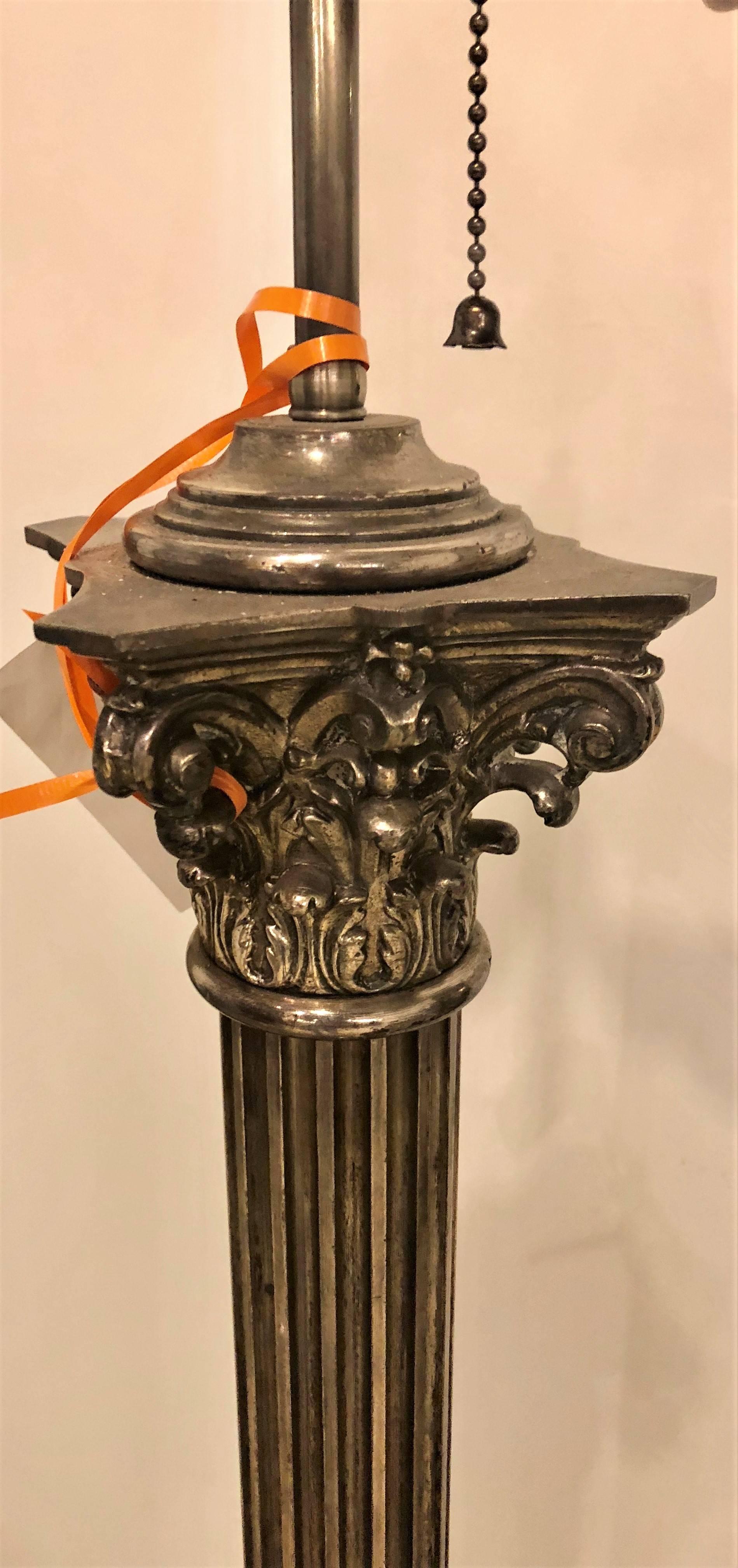 Neoclassical Silver over Bronze Antique Corinthian Column Form Standing Lamp In Good Condition In Stamford, CT