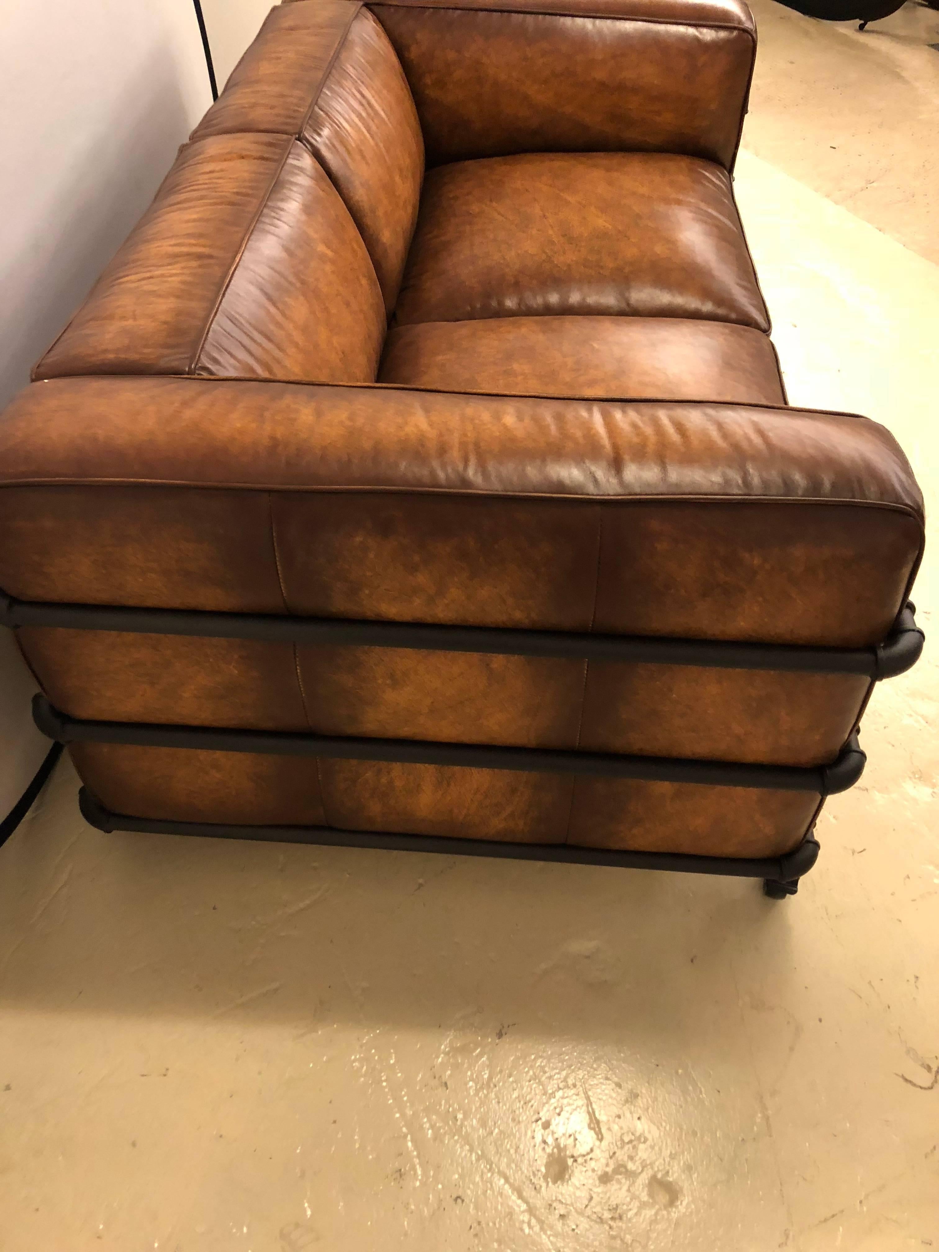 Pair of Industrial Style Sofas on Metal Frame Piping with Casters In Good Condition In Manhasset, NY