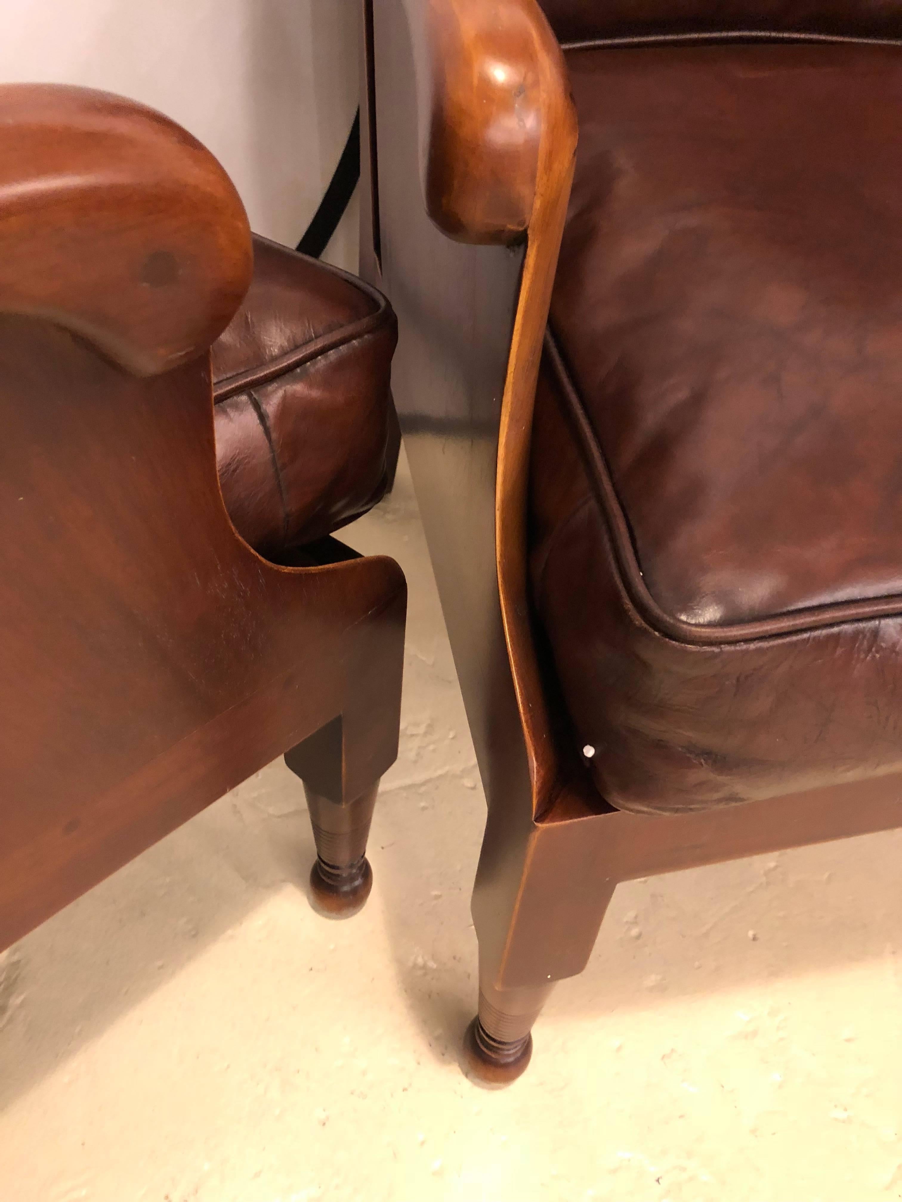 Pair of Fine Leather Lounge or Bergere Wingback Chairs In Good Condition In Stamford, CT