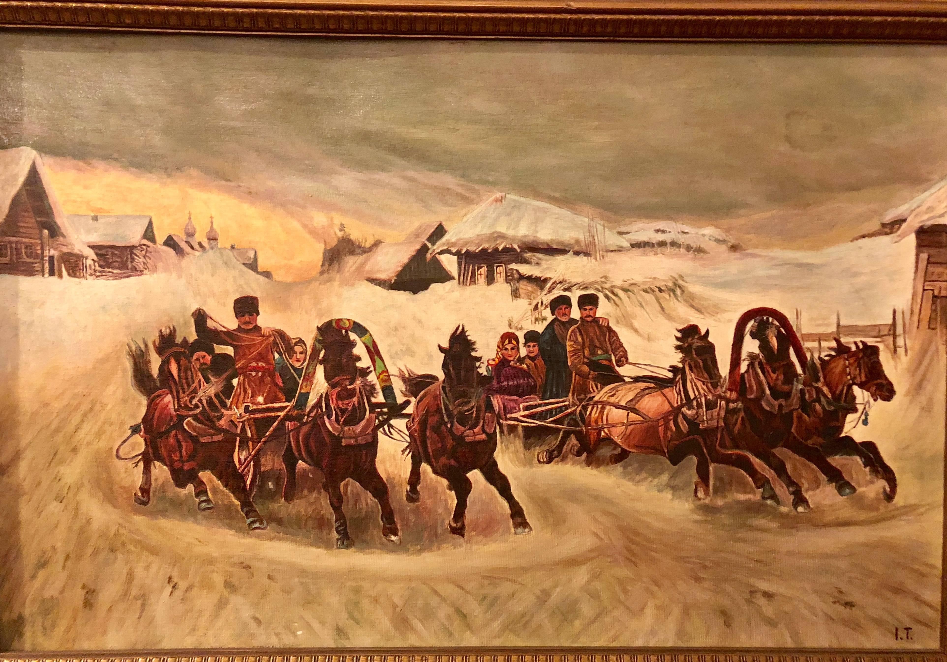 Oil on canvas of a Russian racing scene in the snow by Ivan Tschernikow. This Sleigh ride oil on canvas was the former property of Fashion icon Tommy Hilfiger. This work has been professionally framed.