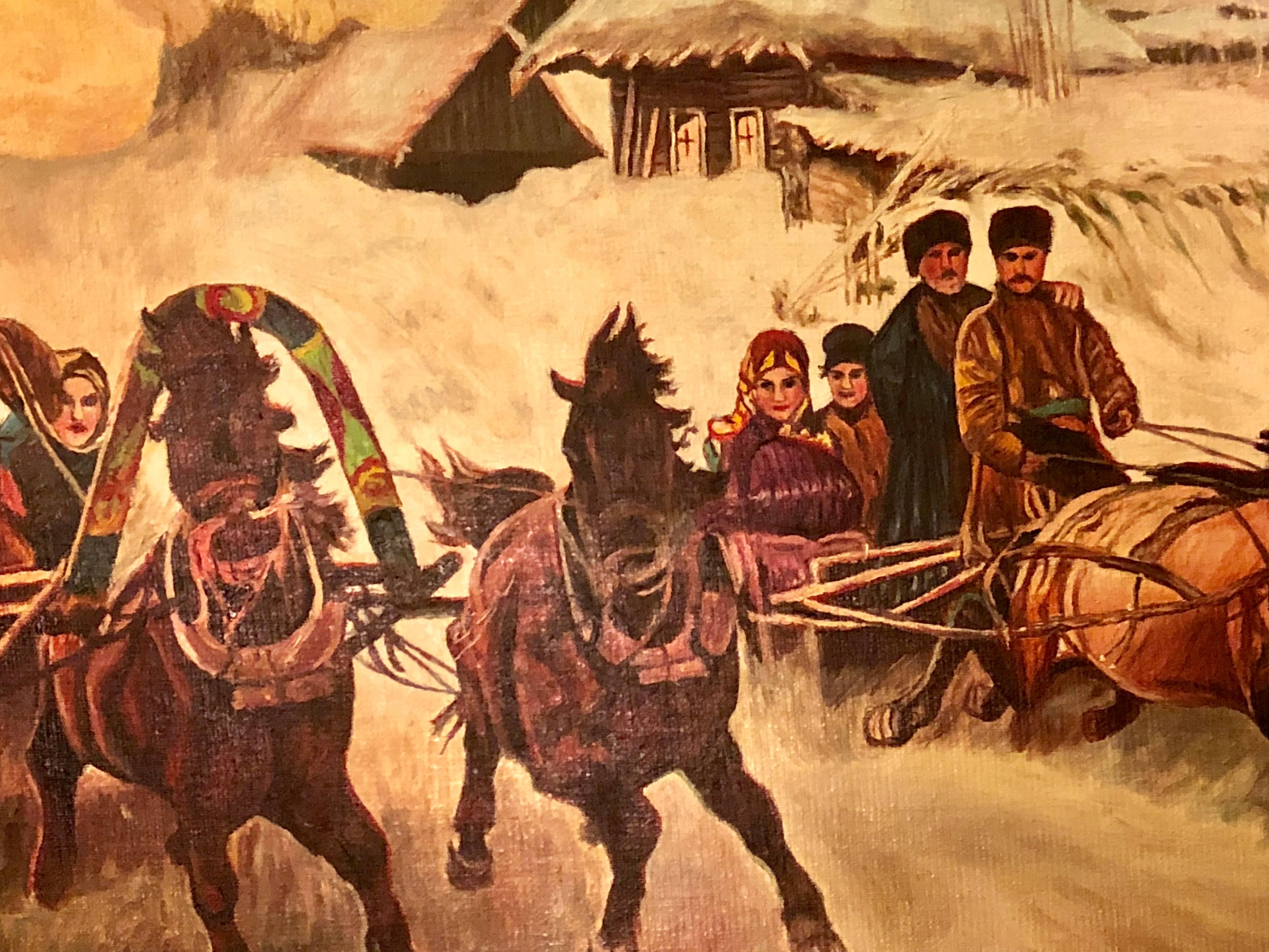 Oil on Canvas of a Russian Racing Scene in the Snow by Ivan Tschernikow In Good Condition In Stamford, CT