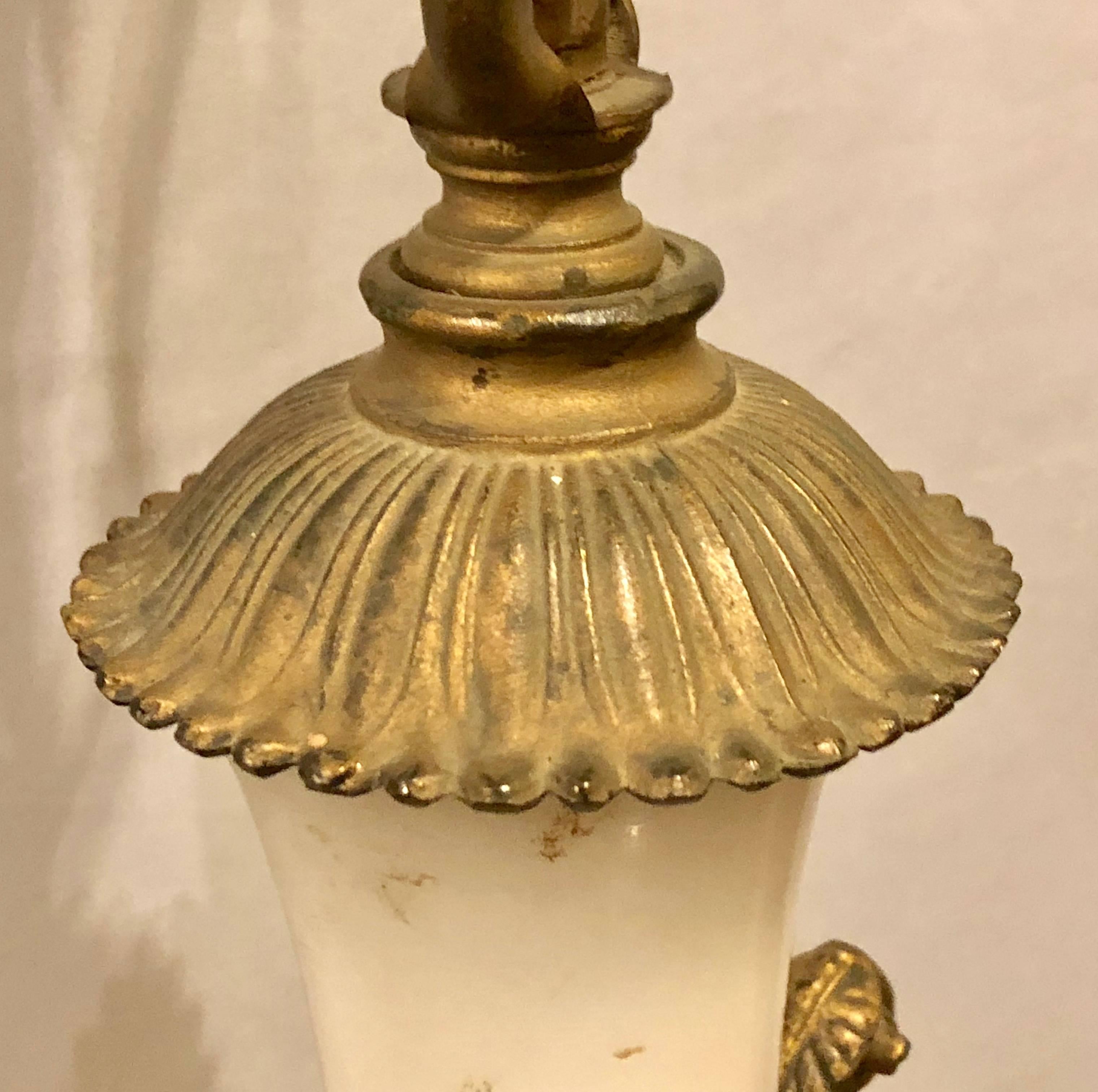 20th Century Pair of Alabaster Lamps Figural Bronze Mounted Table Lamps