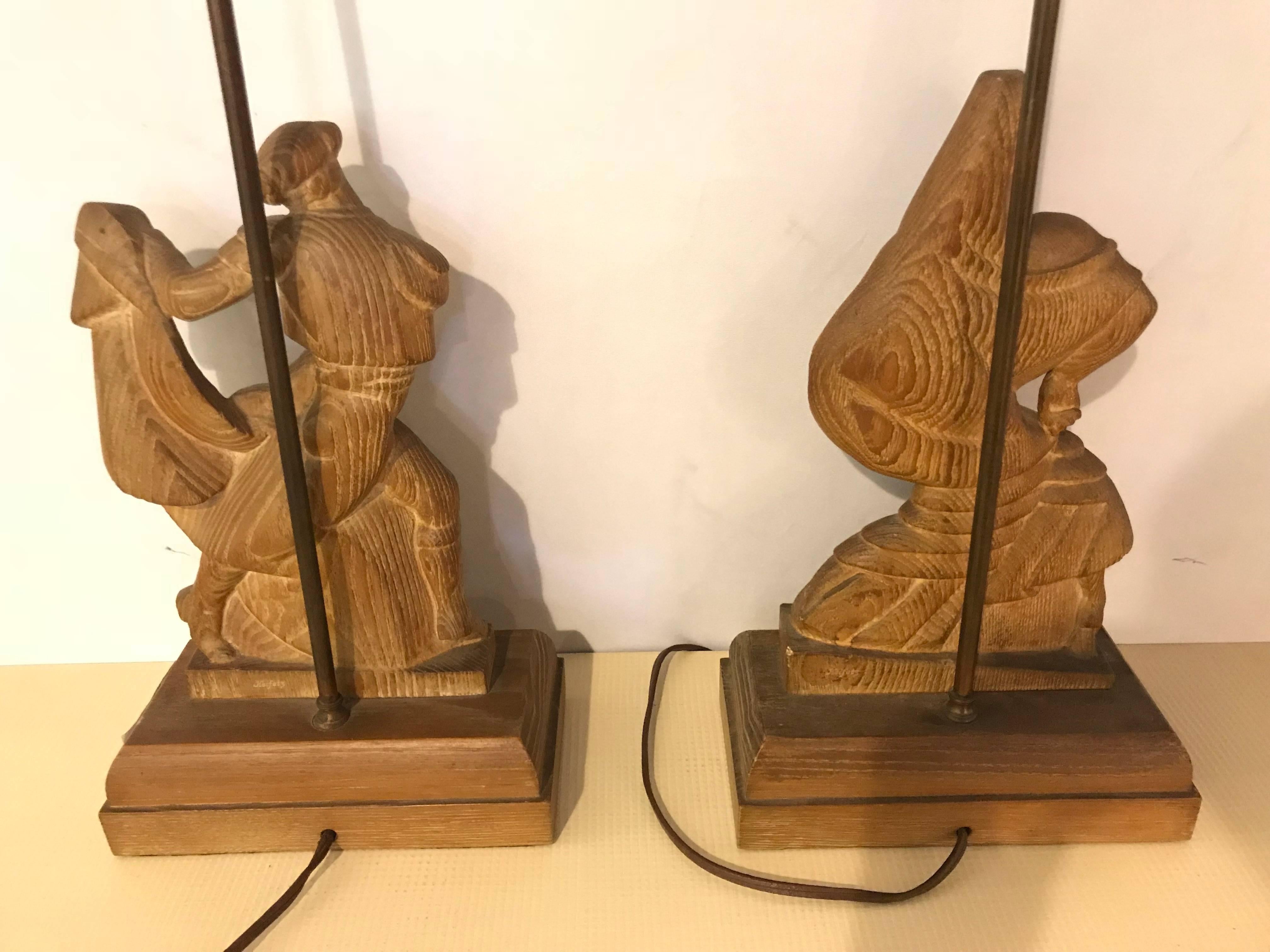 Pair of Art Deco Style Pickled Finish Wood Carved Table Lamps 3