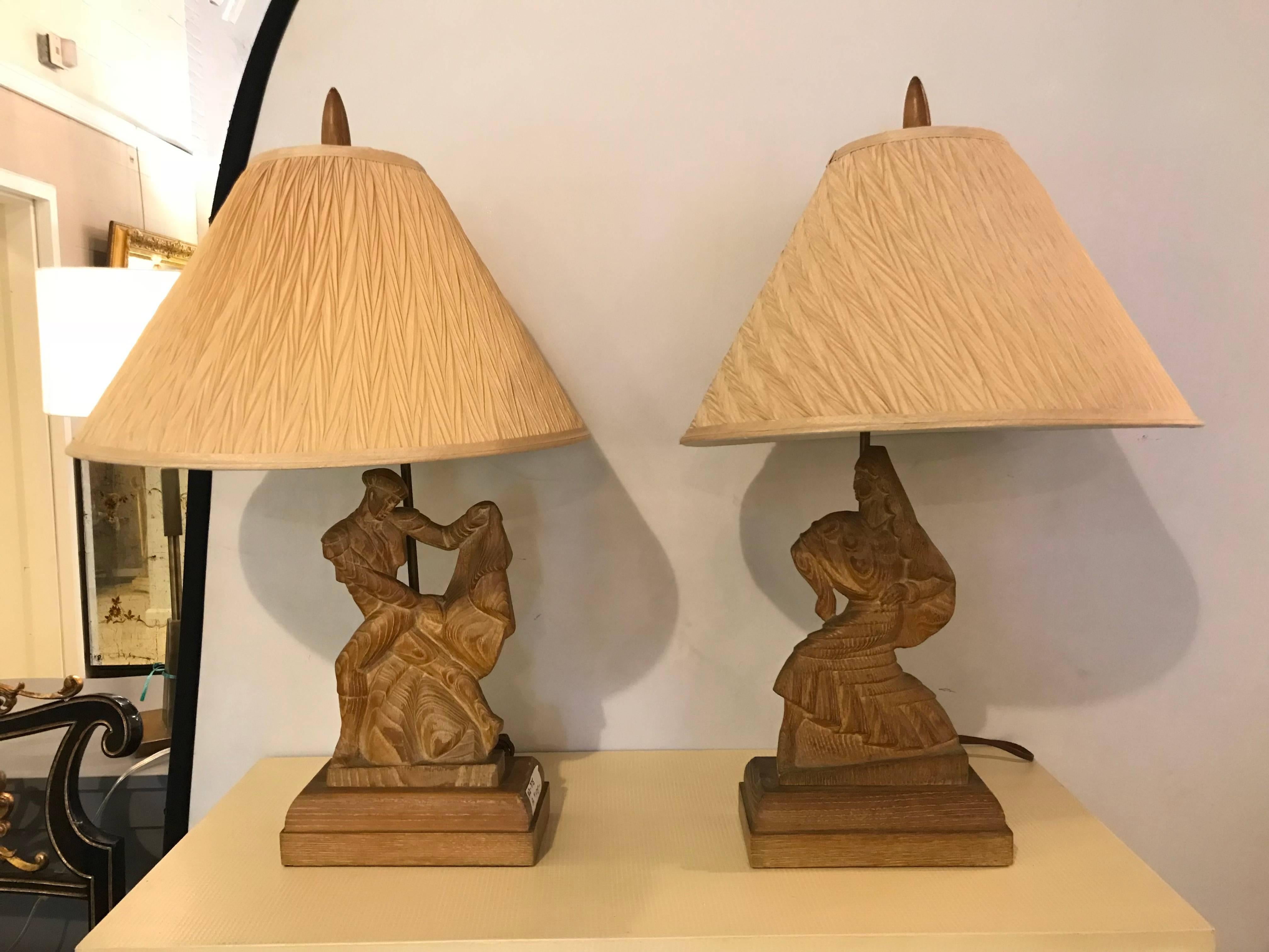 Pair of Art Deco Style Pickled Finish Wood Carved Table Lamps 6