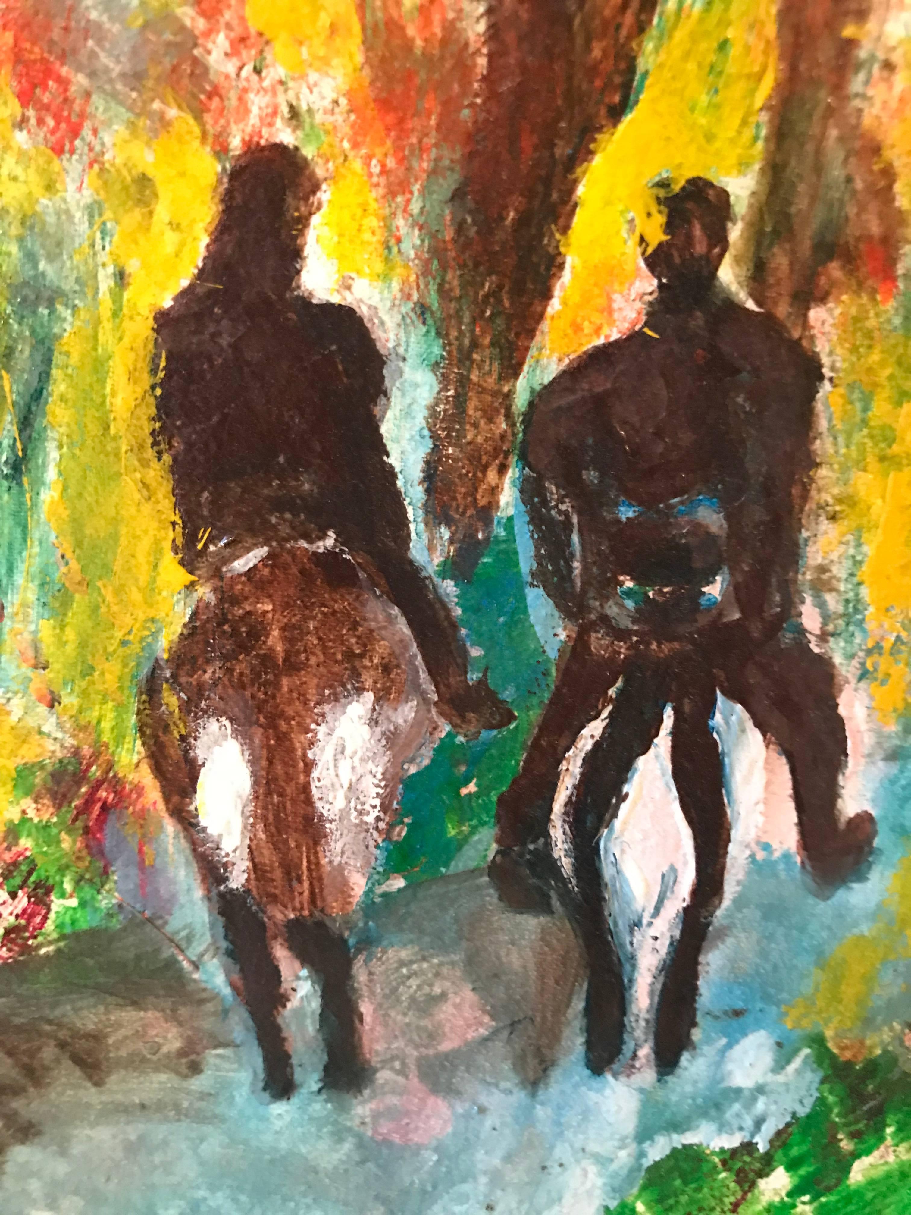 A signed impressionist oil on canvas of men on horseback in a gilt frame. Measurement for unframed painting is 20.5 in H and 29.75 in W.