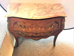 Pair of Louis XV Style Marble-Top Bombe Commodes or Nightstand Chests