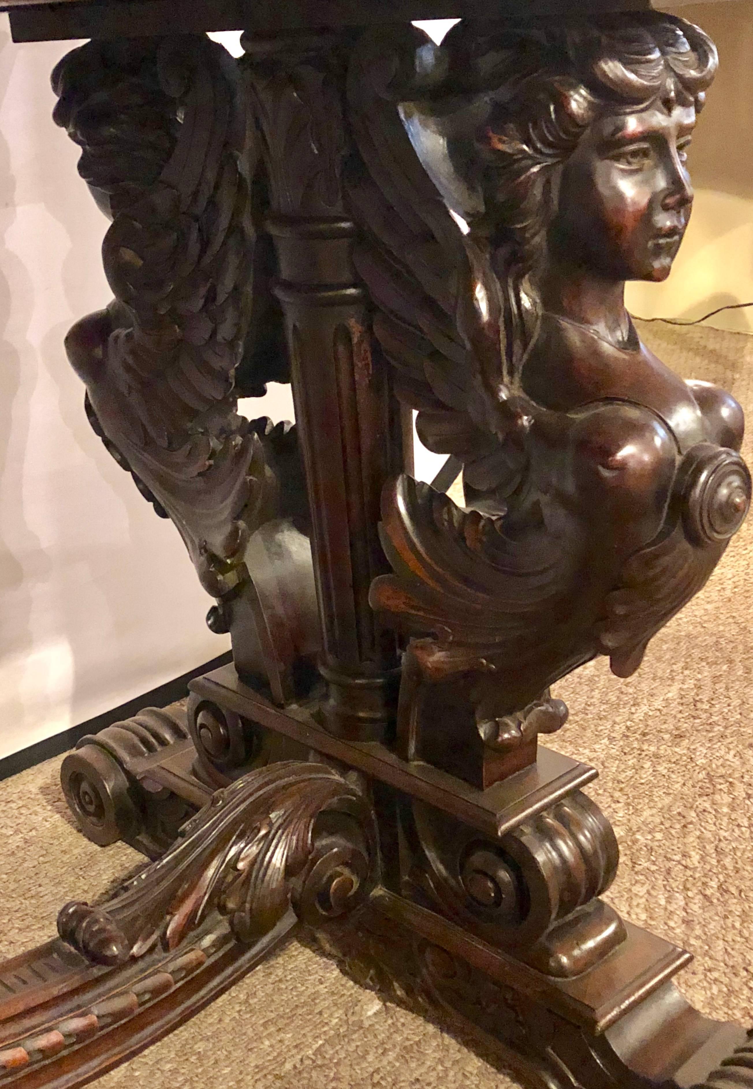 Late Victorian Figural Carved Library / Dining Table or Desk with Carved Winged Maidens