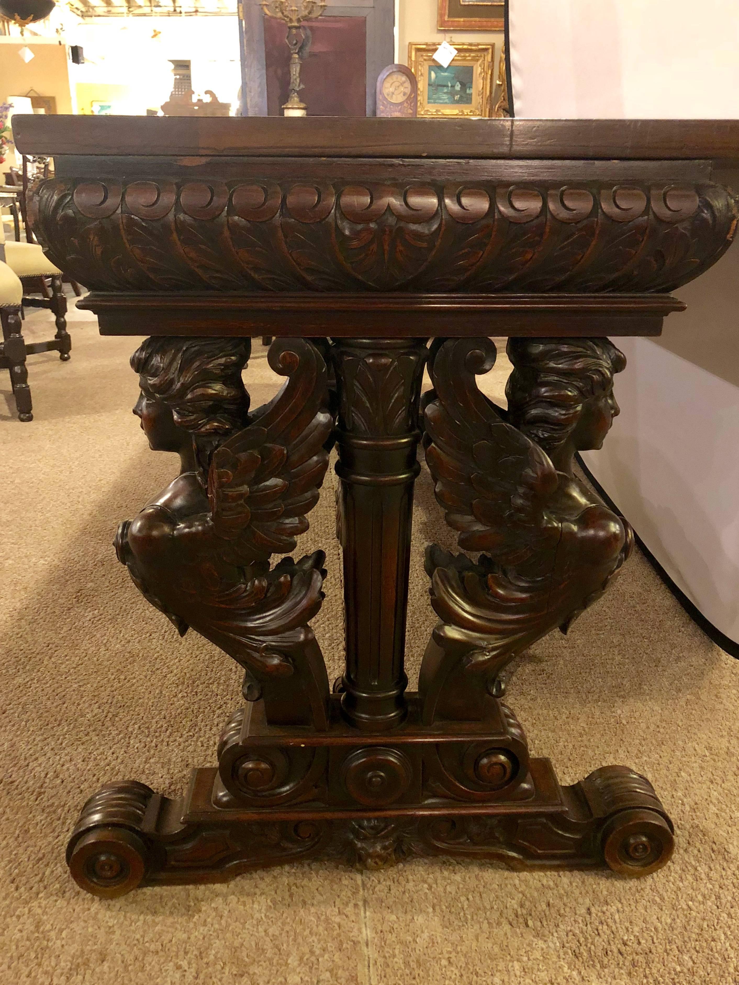 Figural Carved Library / Dining Table or Desk with Carved Winged Maidens 2