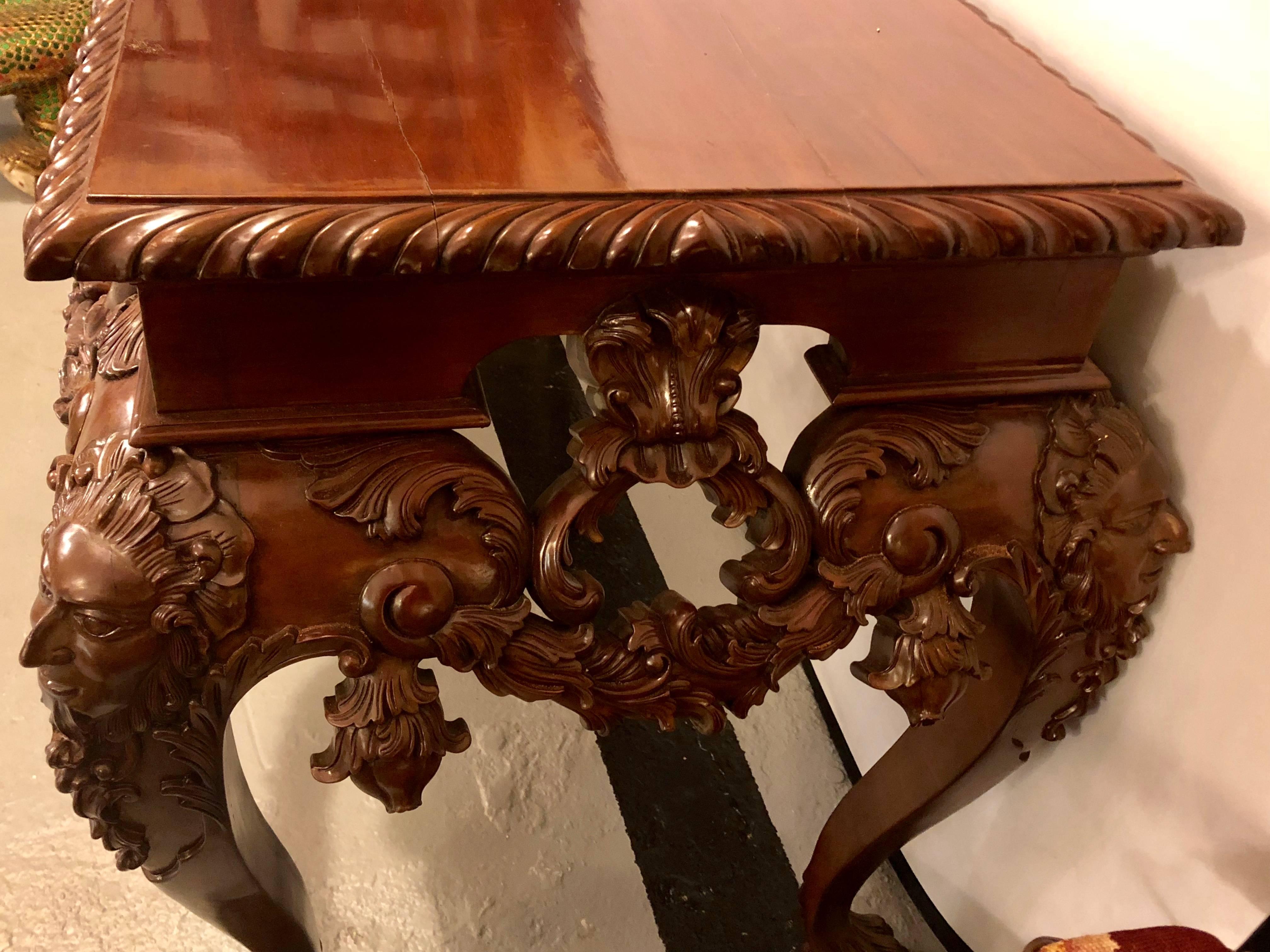 Chippendale Custom Carved Console Table with Claw Feet and Carved Heads, circa 1940s