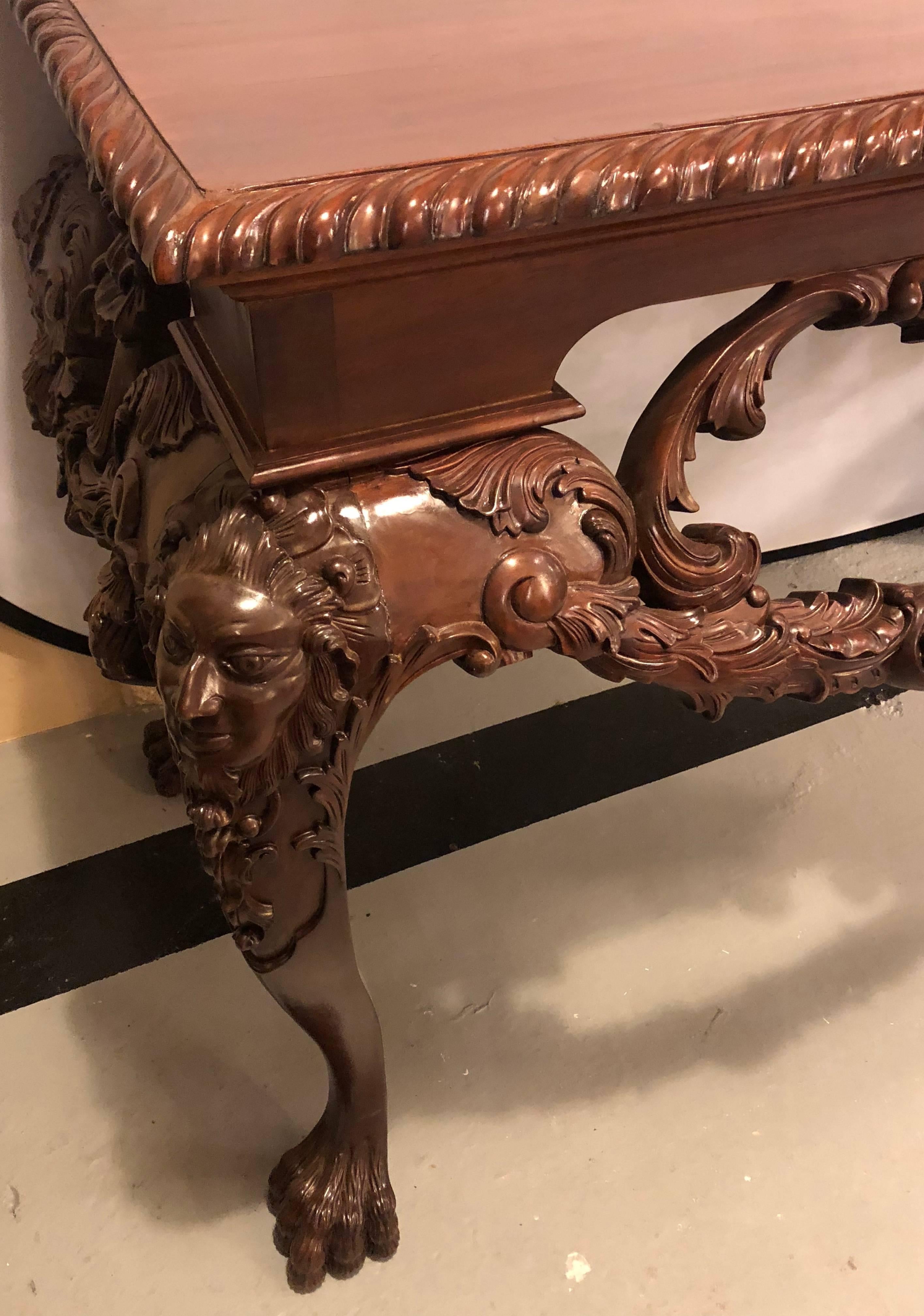 Mahogany Custom Carved Console Table with Claw Feet and Carved Heads, circa 1940s