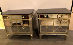 Hollywood Regency Style Pair of Mirrored Marble-Top Nightstands or End Tables