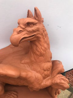 Pair of Monumental Outdoor Opposing Winged Full Bodied Terracotta Gargoyles
