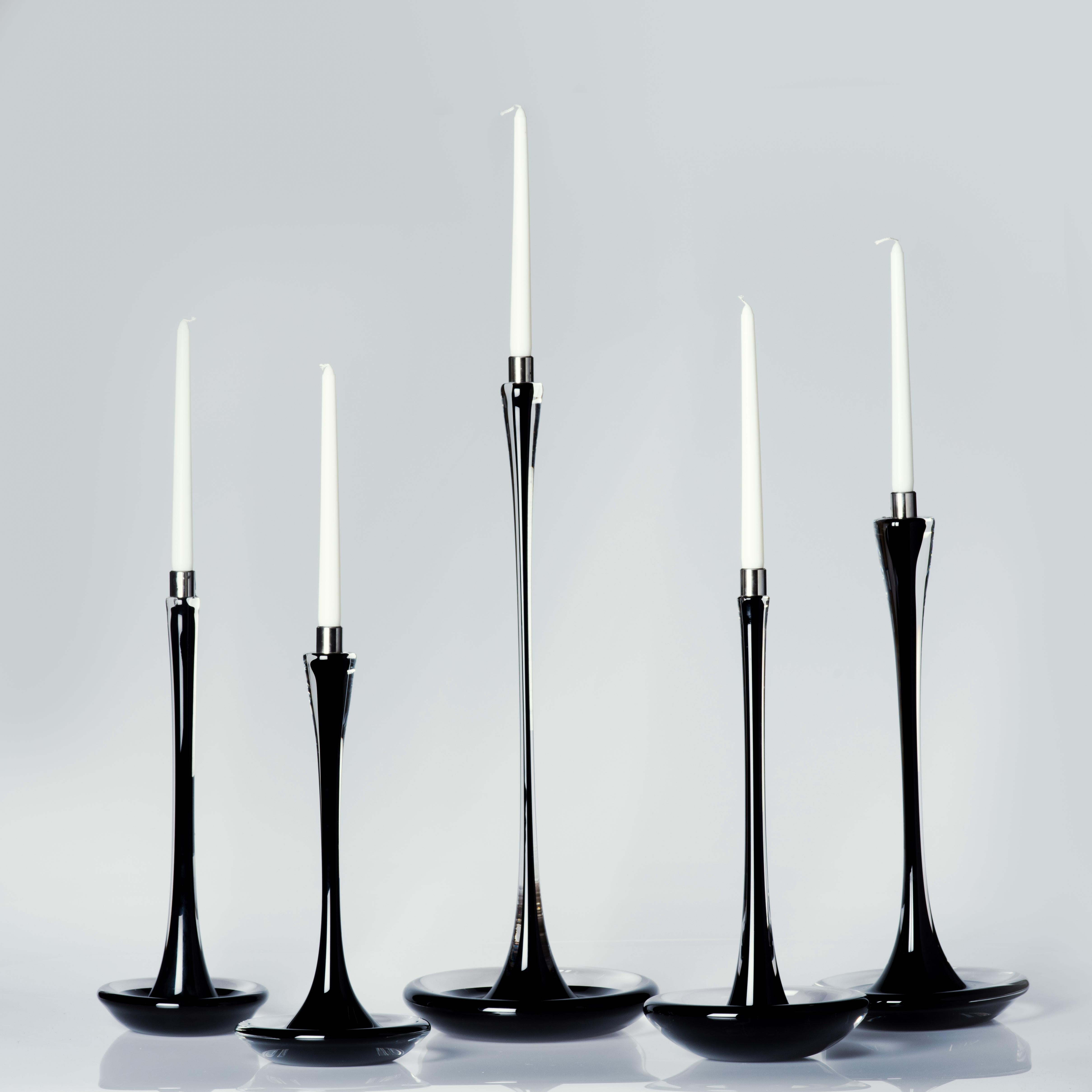American Moshe Bursuker Set of 5 Black Glass Candleholders, 2024 For Sale